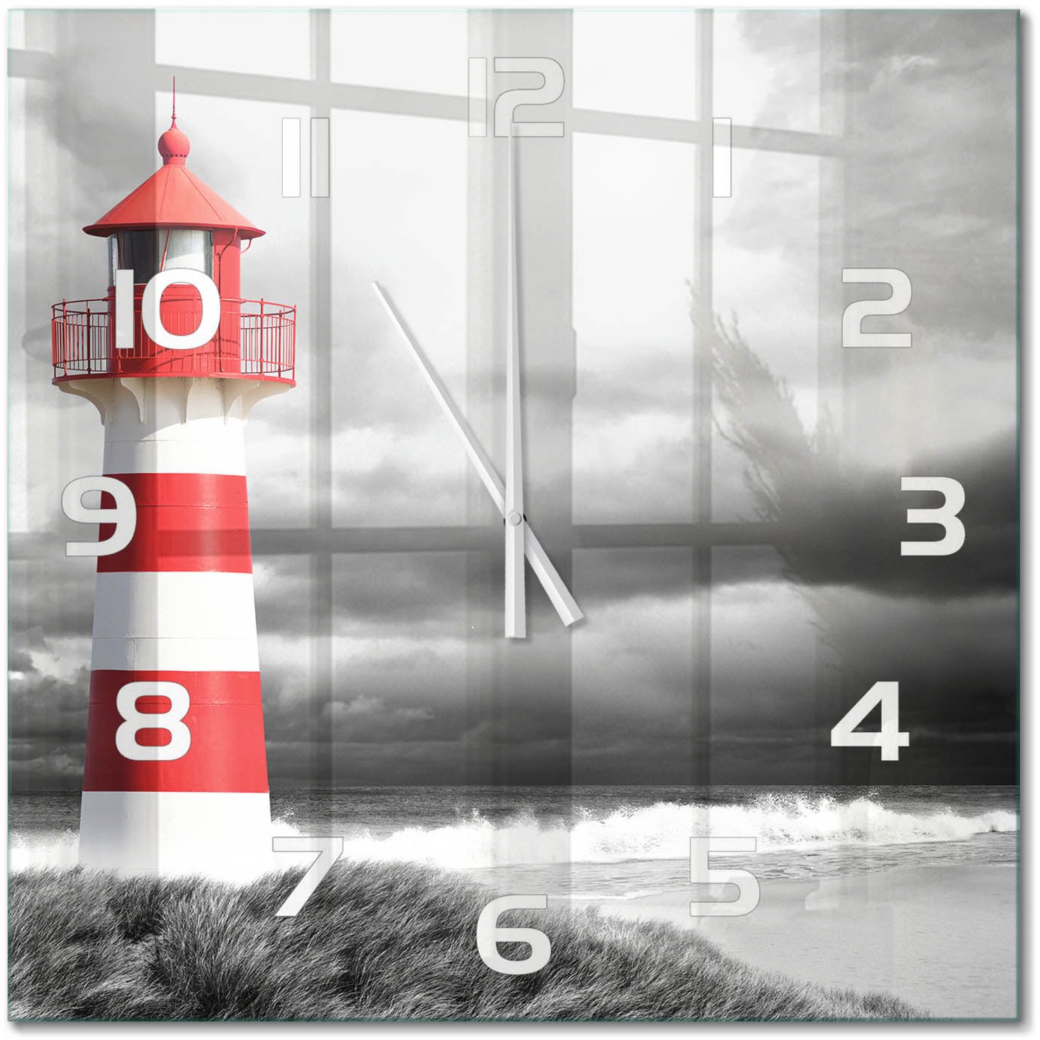 TULUP Wandklok - Vuurtoren Glazen Klok Met Print - 60x60 cm - Rood Wandklok Glas Met Motief - Witte handen - Vierkante Klok - Wandklok Glas Decoratie - Gekleurde Glazen Klok