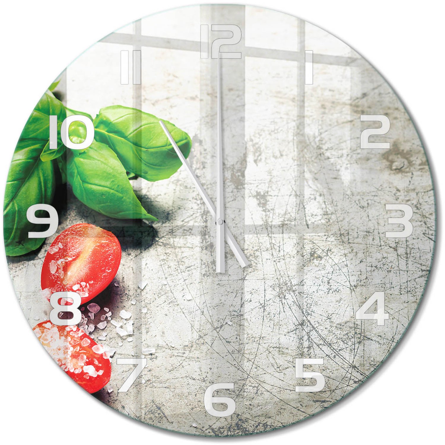 TULUP Wandklok - Tomaten en basilicum Decoratieve Glazen Klok - fi60 cm - Rood Glazen Wandklok Design - Witte handen - Ronde Klok - Glazen Klok Met Print - Wandklok Glas Met Motief