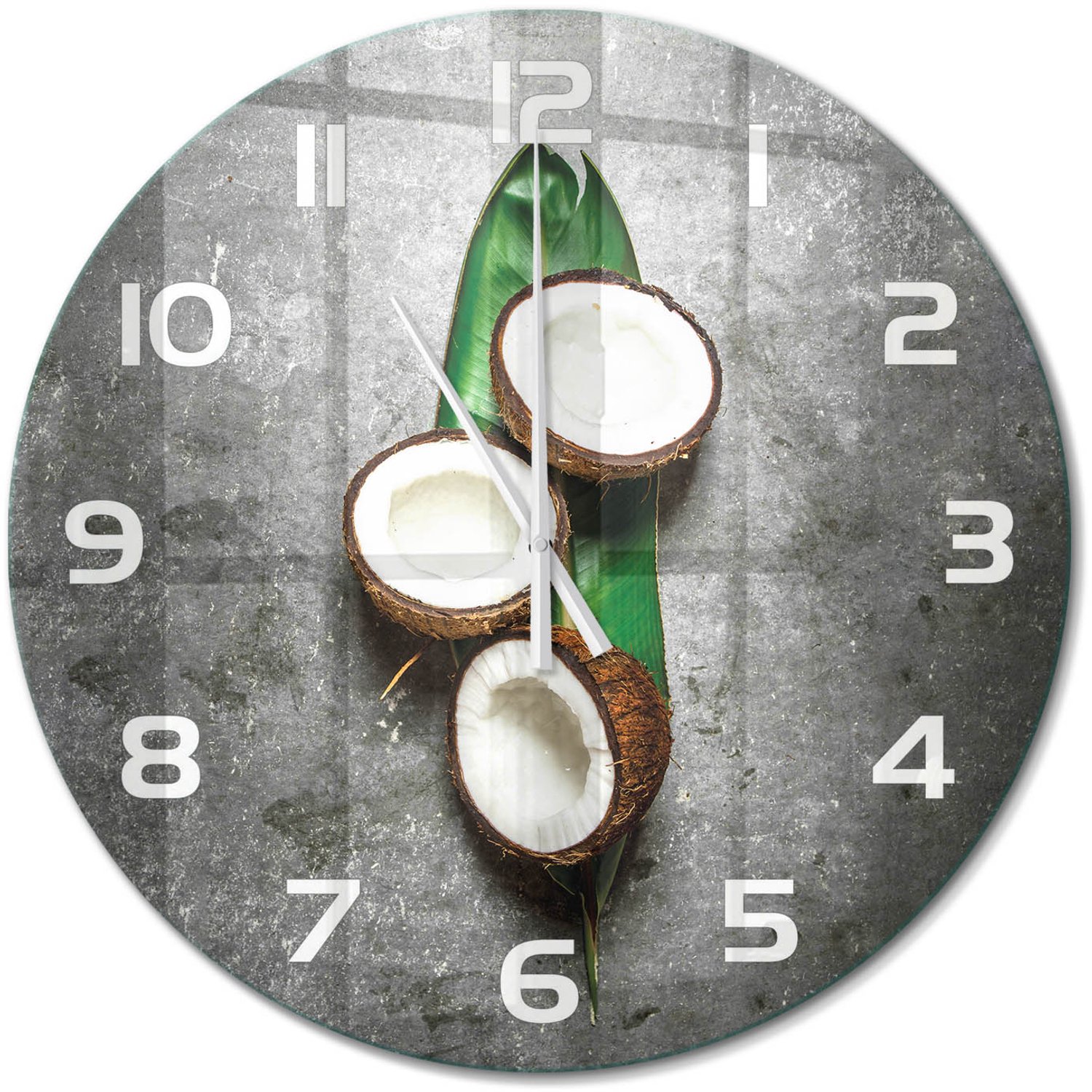 TULUP Wandklok - Een halve kokosnoot Glazen Wandklok Design - fi60 cm - Groente Klok Glas Met Opdruk - Witte handen - Ronde Klok - Wandklok Glas Met Motief - Decoratieve Glazen Klok