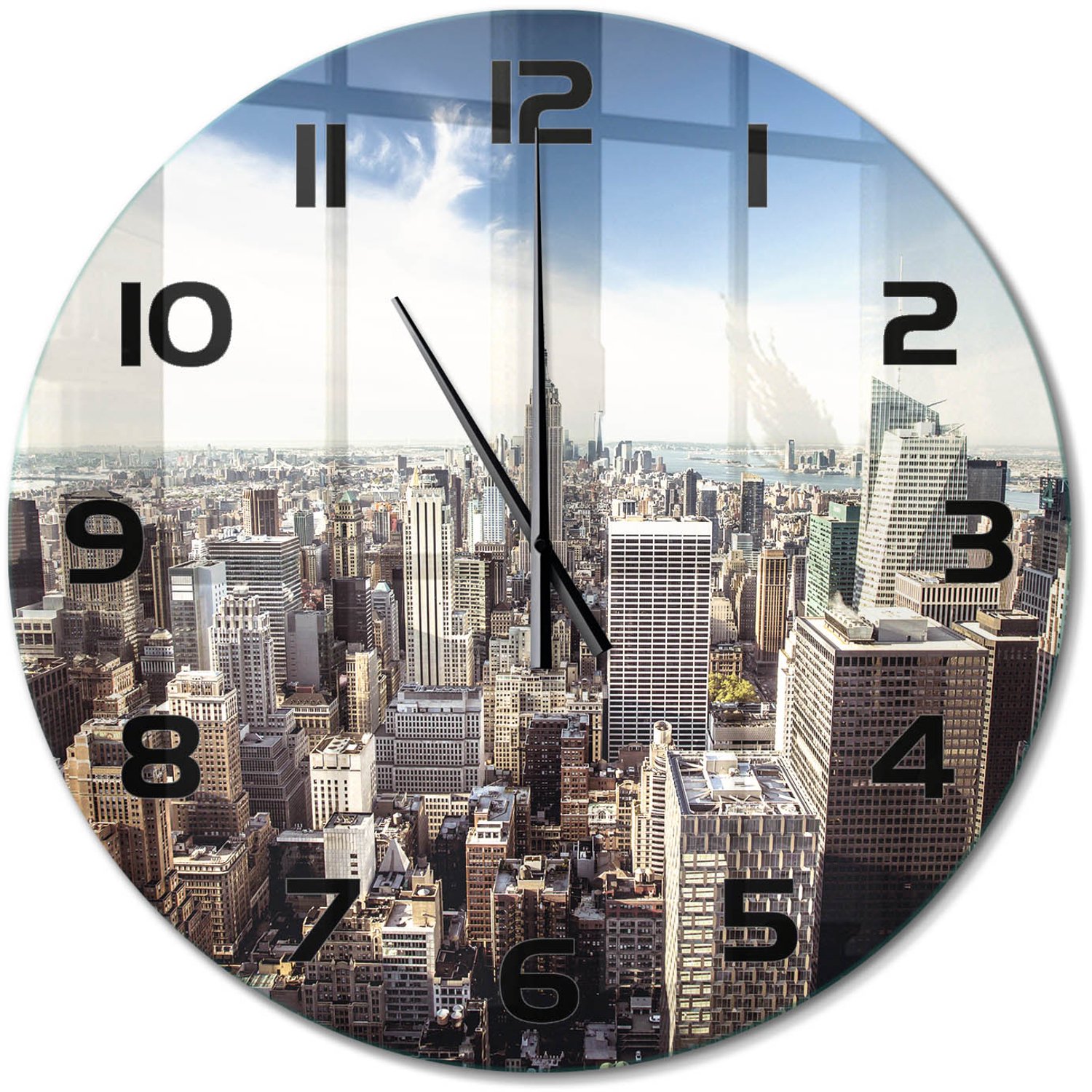 TULUP Wandklok - New York Glazen Wandklok Design - fi60 cm - Blauw Klok Glas Met Opdruk - Zwarte handen - Ronde Klok - Wandklok Glas Met Motief - Decoratieve Glazen Klok