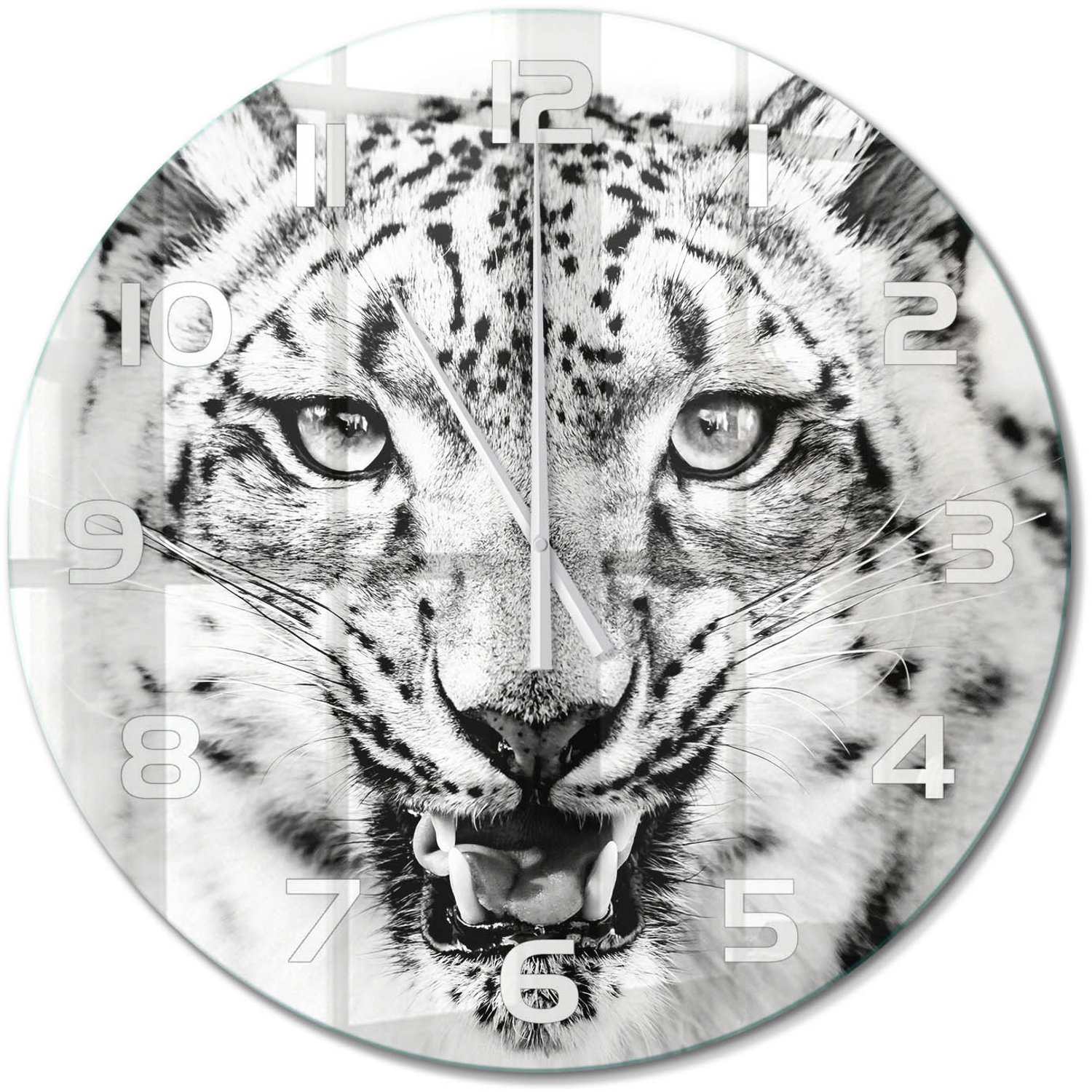 TULUP Wandklok - Sneeuwluipaard Wandklok Glas Decoratie - fi60 cm - Zwart-wit Gekleurde Glazen Klok - Witte handen - Ronde Klok - Klok Glas Met Opdruk - Moderne Wandklok Glas