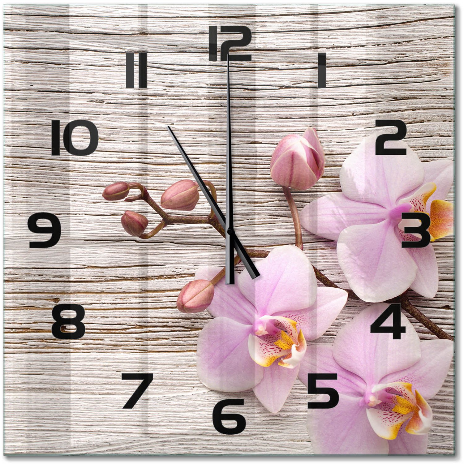 TULUP Wandklok - Orchidee op hout Decoratieve Glazen Klok - 60x60 cm - Beige Glazen Wandklok Design - Zwarte handen - Vierkante Klok - Glazen Klok Met Print - Wandklok Glas Met Motief
