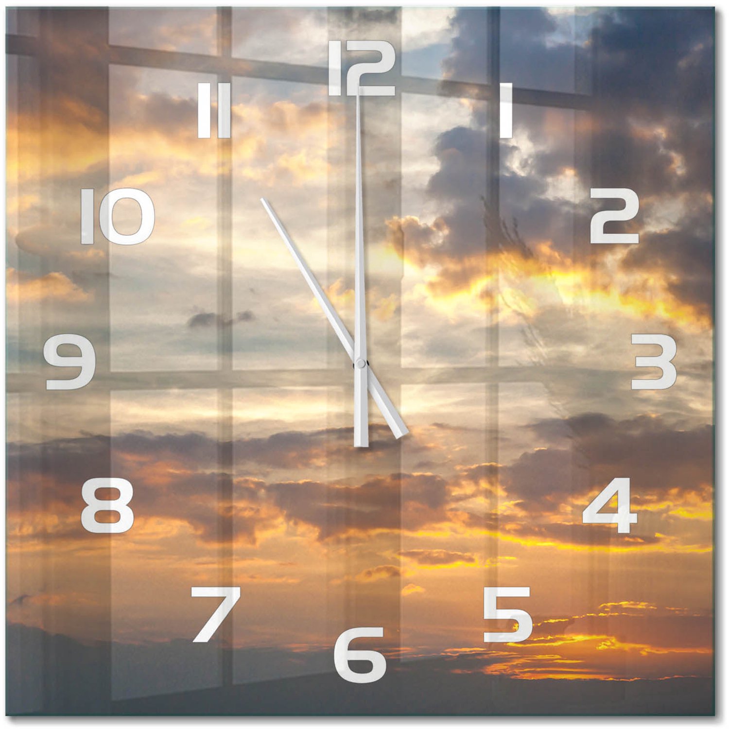 TULUP Wandklok - Zonsondergang Decoratieve Glazen Klok - 60x60 cm - Oranje Glazen Wandklok Design - Witte handen - Vierkante Klok - Glazen Klok Met Print - Wandklok Glas Met Motief