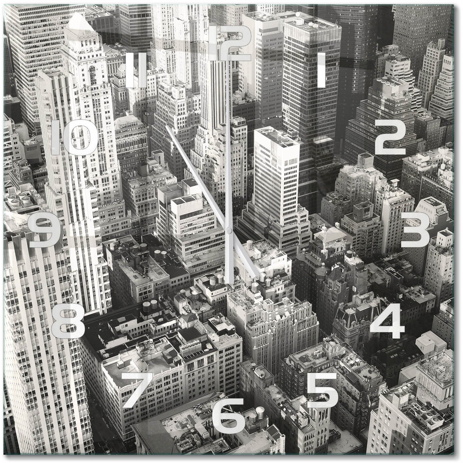 TULUP Wandklok - Vogelsvlucht in New York Gekleurde Glazen Klok - 60x60 cm - Zwart-wit Glazen Klok Met Print - Witte handen - Vierkante Klok - Moderne Wandklok Glas - Wandklok Glas Decoratie