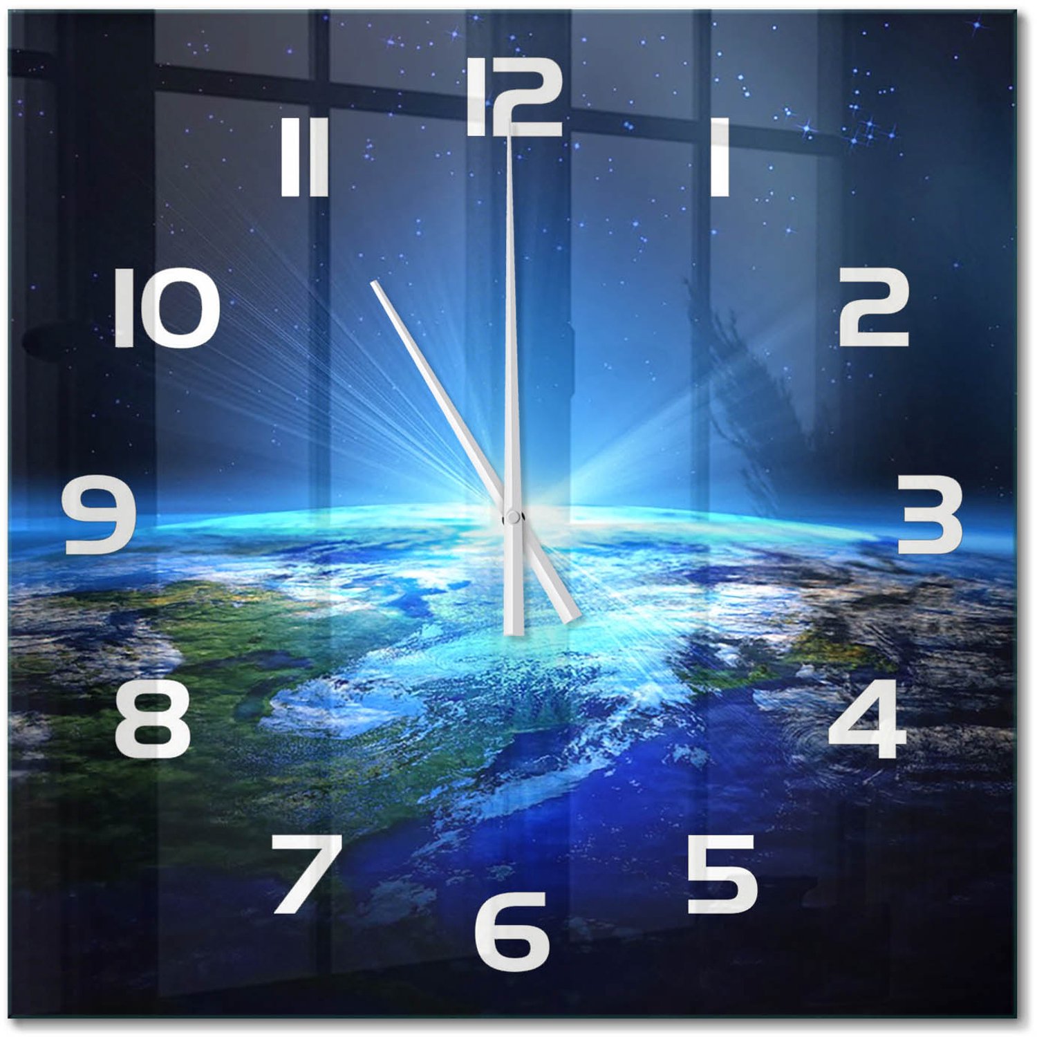 TULUP Wandklok - Planeet Aarde Gekleurde Glazen Klok - 60x60 cm - Blauw Glazen Klok Met Print - Witte handen - Vierkante Klok - Moderne Wandklok Glas - Wandklok Glas Decoratie