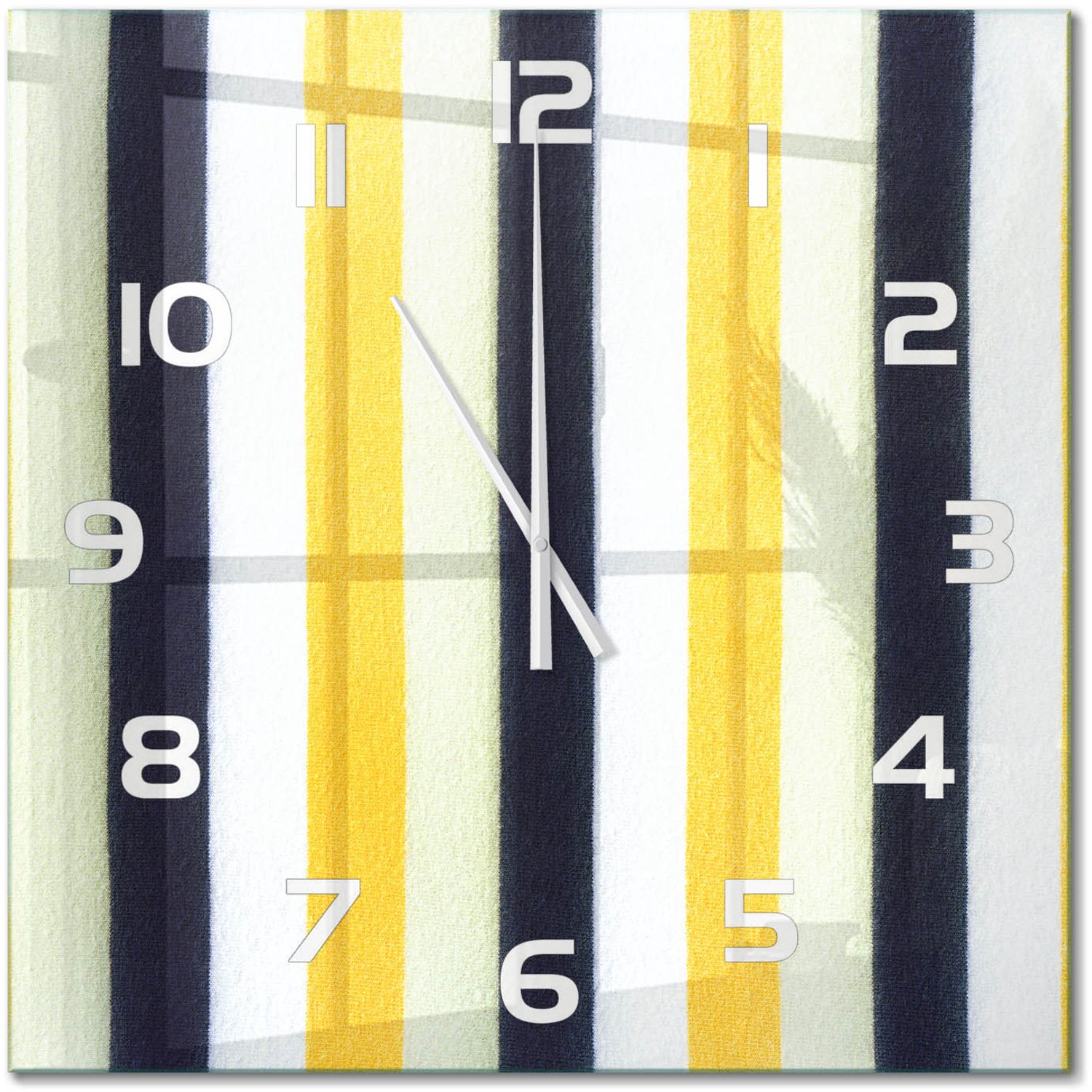 TULUP Wandklok - Gestreepte achtergrond Glazen Wandklok Design - 60x60 cm - Geel Klok Glas Met Opdruk - Witte handen - Vierkante Klok - Wandklok Glas Met Motief - Decoratieve Glazen Klok