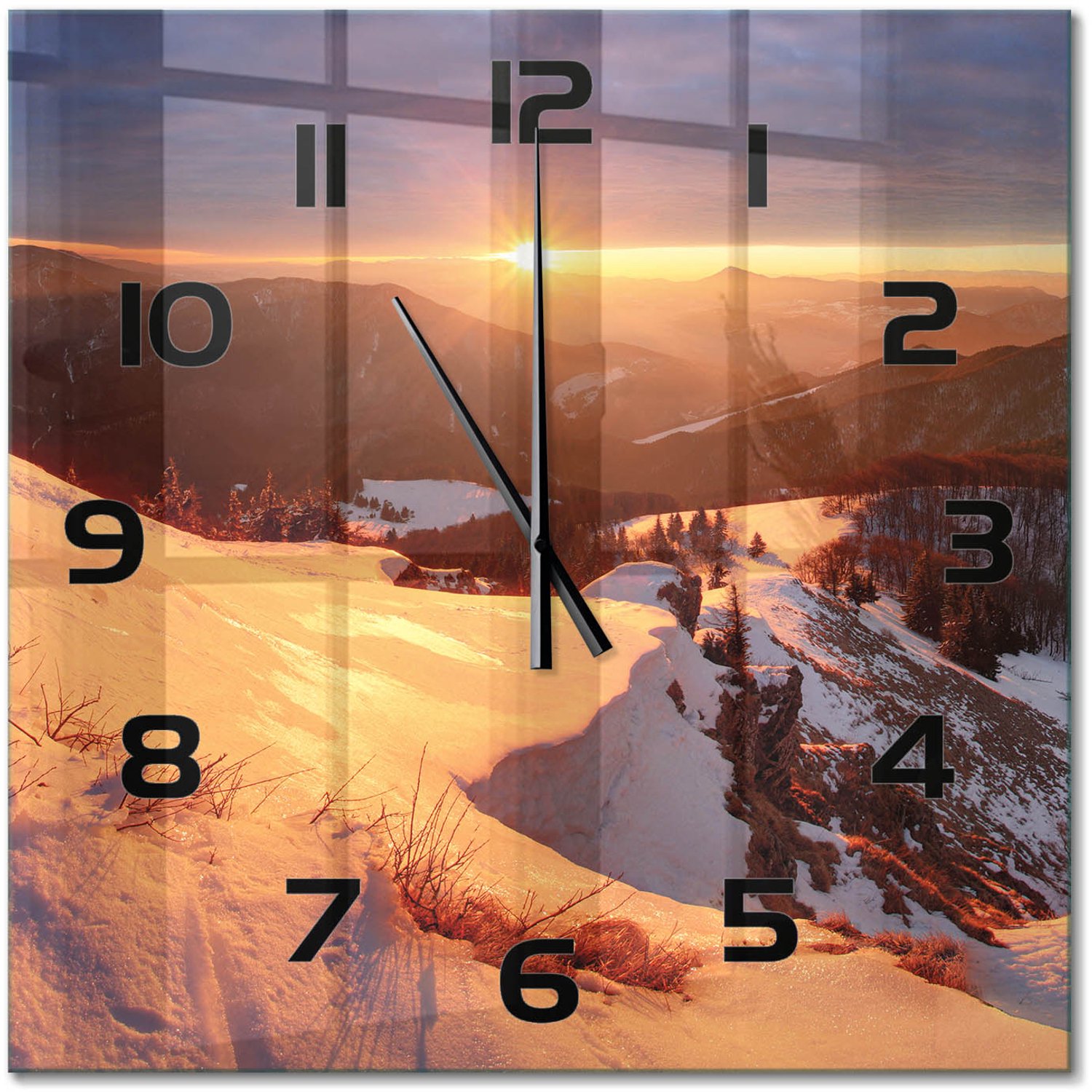 TULUP Wandklok - Winter in de bergen Wandklok Glas Decoratie - 60x60 cm - Wit Gekleurde Glazen Klok - Zwarte handen - Vierkante Klok - Klok Glas Met Opdruk - Moderne Wandklok Glas