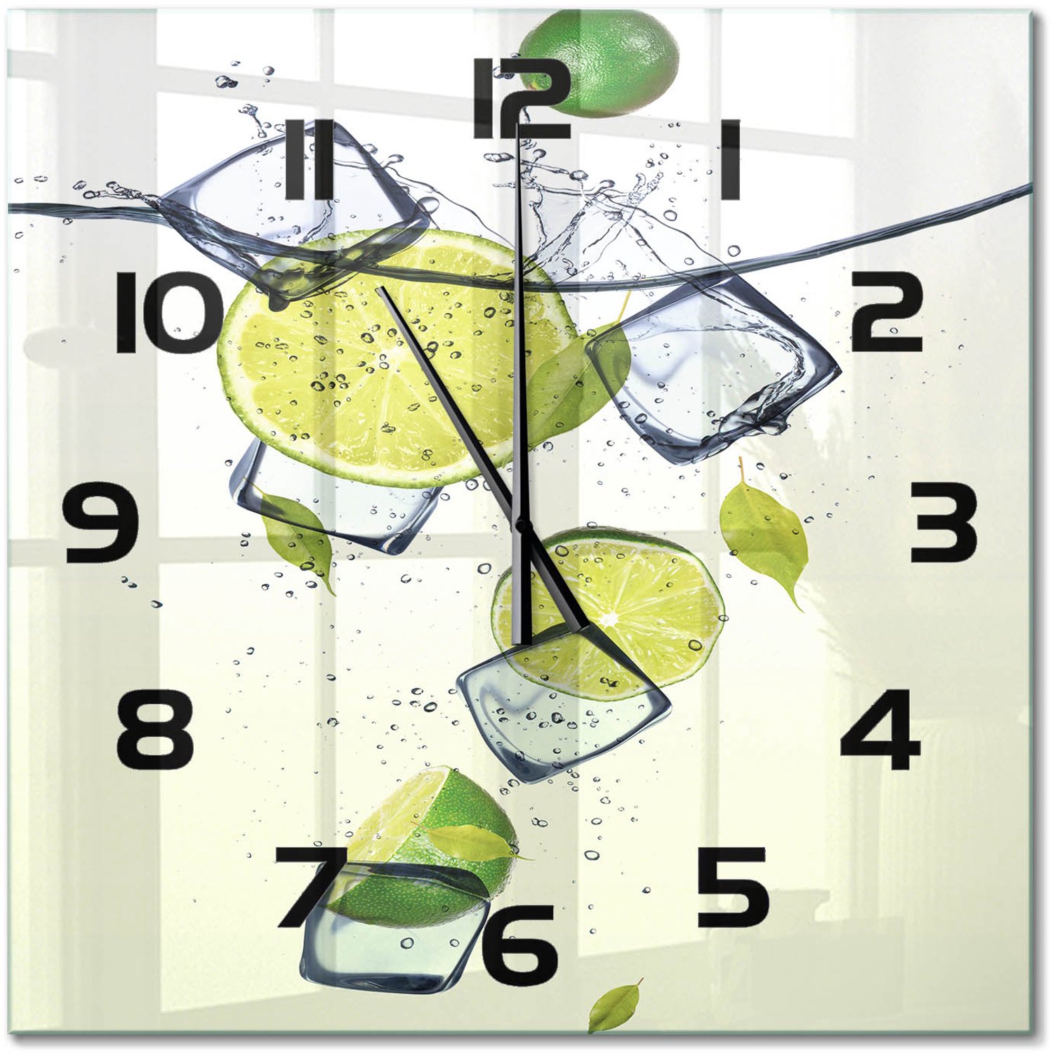 TULUP Wandklok - Limoenen en ijs Wandklok Glas Decoratie - 60x60 cm - Groente Gekleurde Glazen Klok - Zwarte handen - Vierkante Klok - Klok Glas Met Opdruk - Moderne Wandklok Glas
