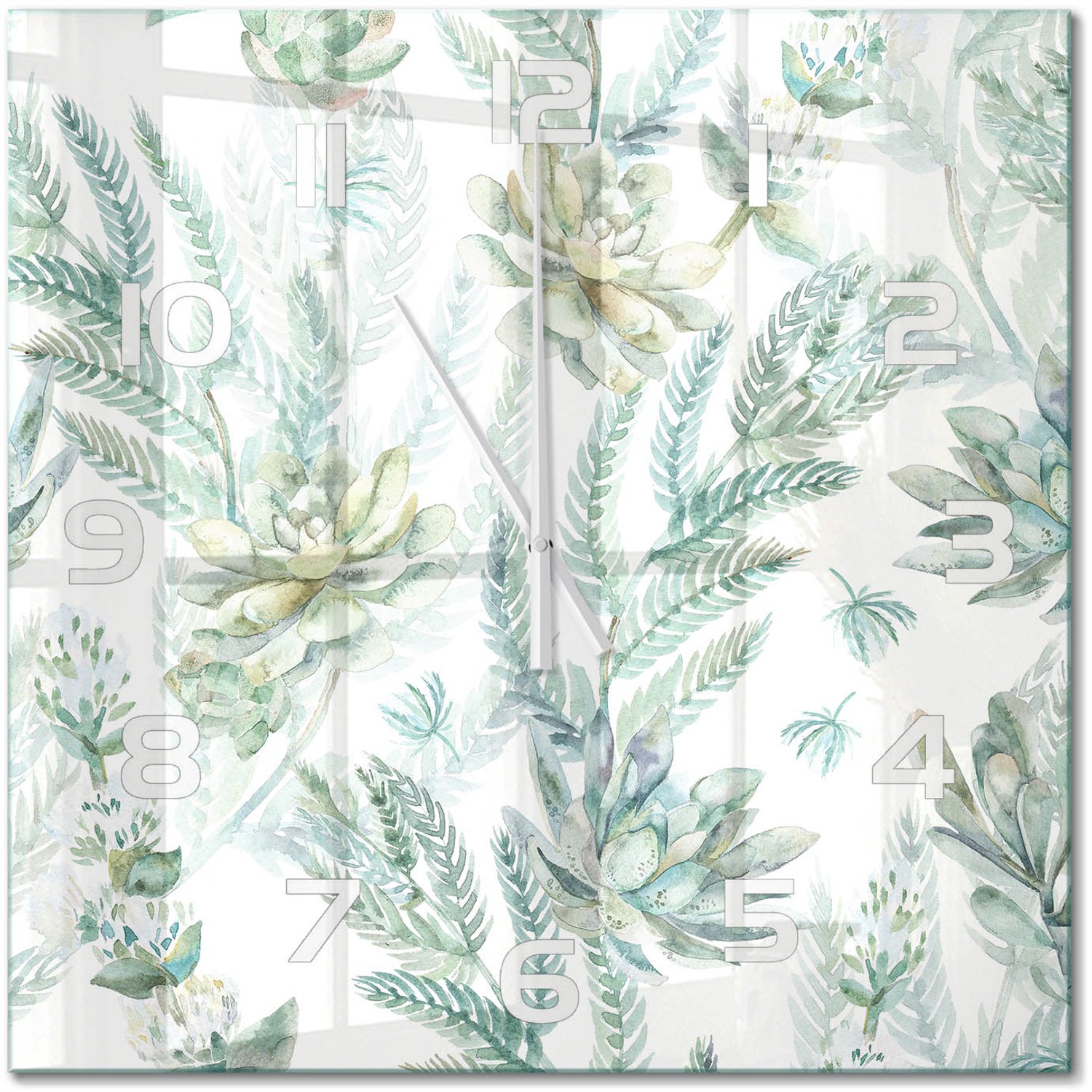 TULUP Wandklok - Bloemen en bladeren Moderne Wandklok Glas - 60x60 cm - Groente Wandklok Glas Decoratie - Witte handen - Vierkante Klok - Glazen Wandklok Design - Klok Glas Met Opdruk