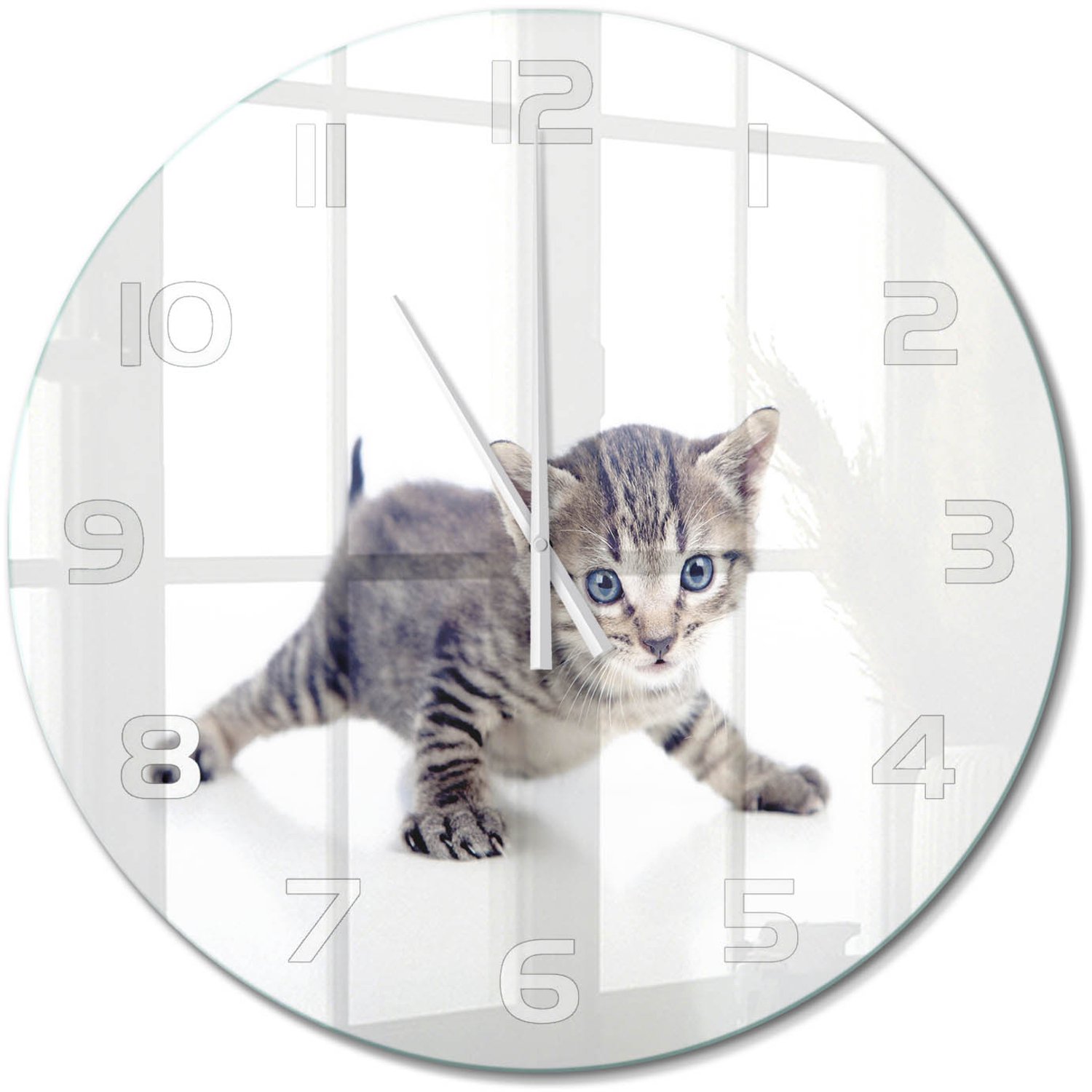 TULUP Wandklok - Kleine kat Moderne Wandklok Glas - fi60 cm - Grijs Wandklok Glas Decoratie - Witte handen - Ronde Klok - Glazen Wandklok Design - Klok Glas Met Opdruk
