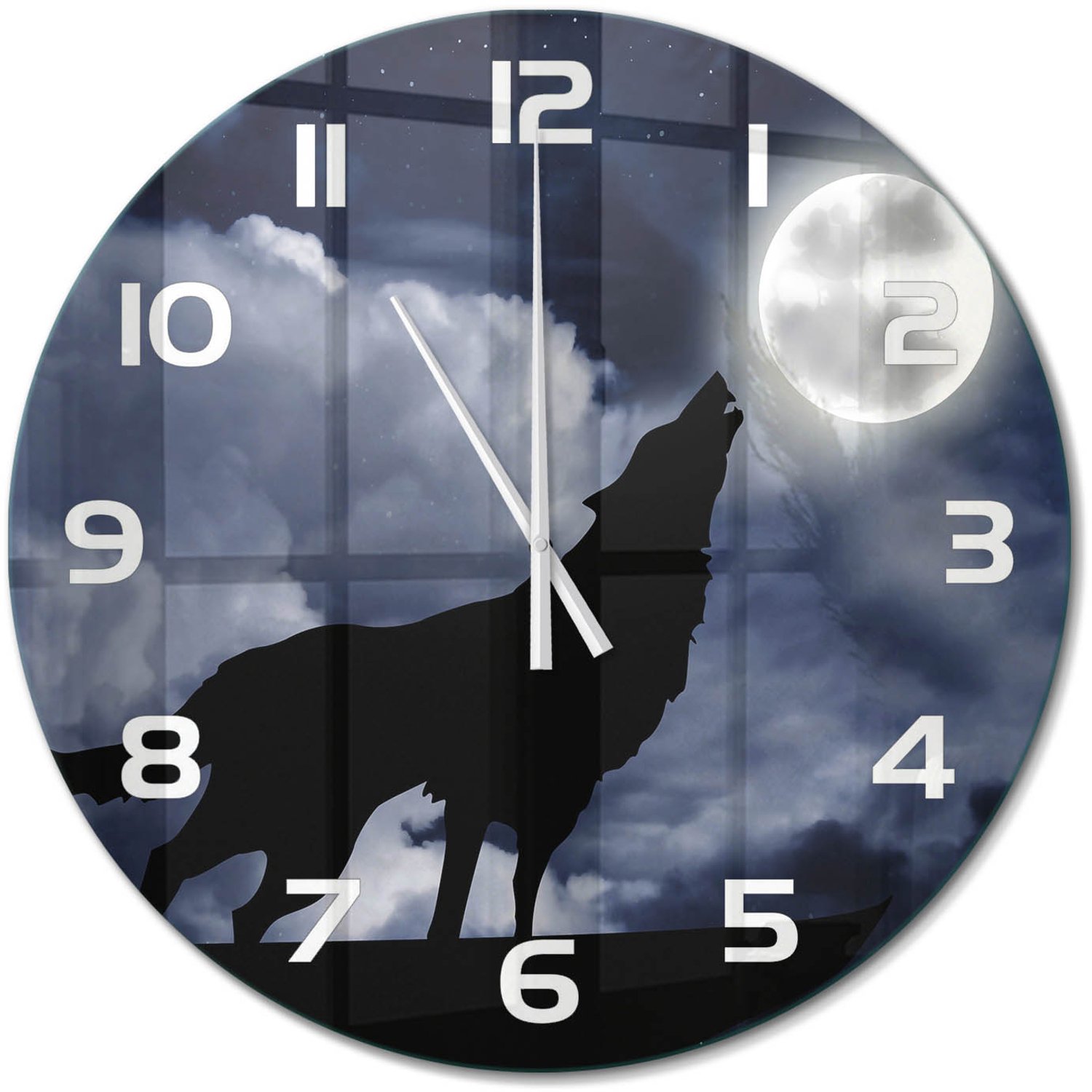 TULUP Wandklok - Huilende Wolf Volle Maan Glazen Wandklok Design - fi60 cm - Zwart Klok Glas Met Opdruk - Witte handen - Ronde Klok - Wandklok Glas Met Motief - Decoratieve Glazen Klok
