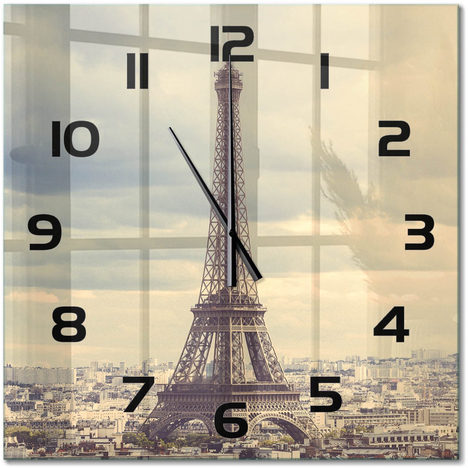 TULUP Wandklok - Eiffeltoren Parijs Decoratieve Glazen Klok - 60x60 cm - Beige Glazen Wandklok Design - Zwarte handen - Vierkante Klok - Glazen Klok Met Print - Wandklok Glas Met Motief