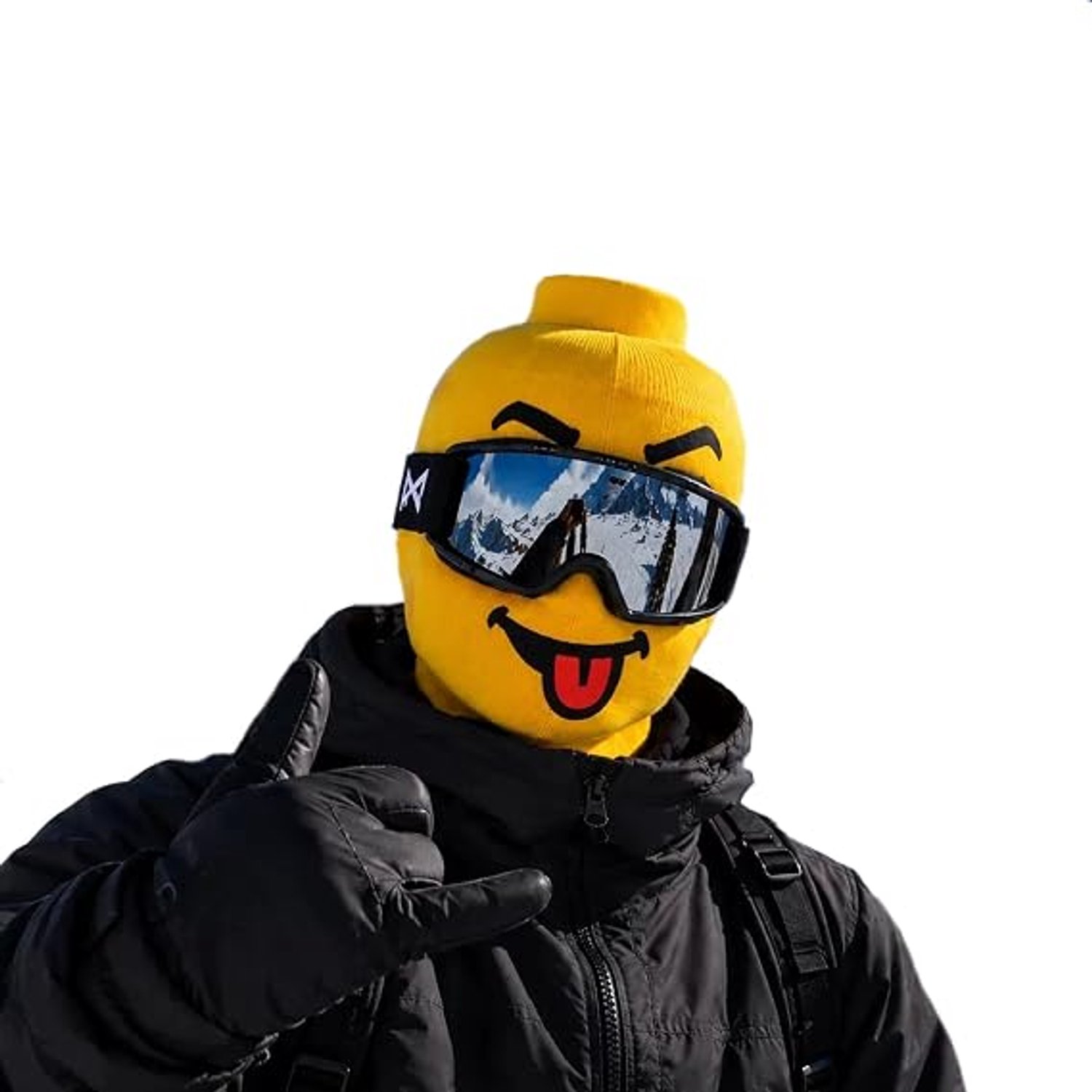Grappige 3D bivakmuts- Skimasker- Ademend en warm- 3D-geprint met cartoon smiley– Perfect voor wintersport feestjes en buitenactiviteiten- A Geel