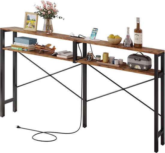 Consoletafel met stopcontact, lange banktafel met planken en X-vormig ontwerp, smalle bankingang achter de bank, tafel voor woonkamer en hal, vintage bruin HK-LS-05