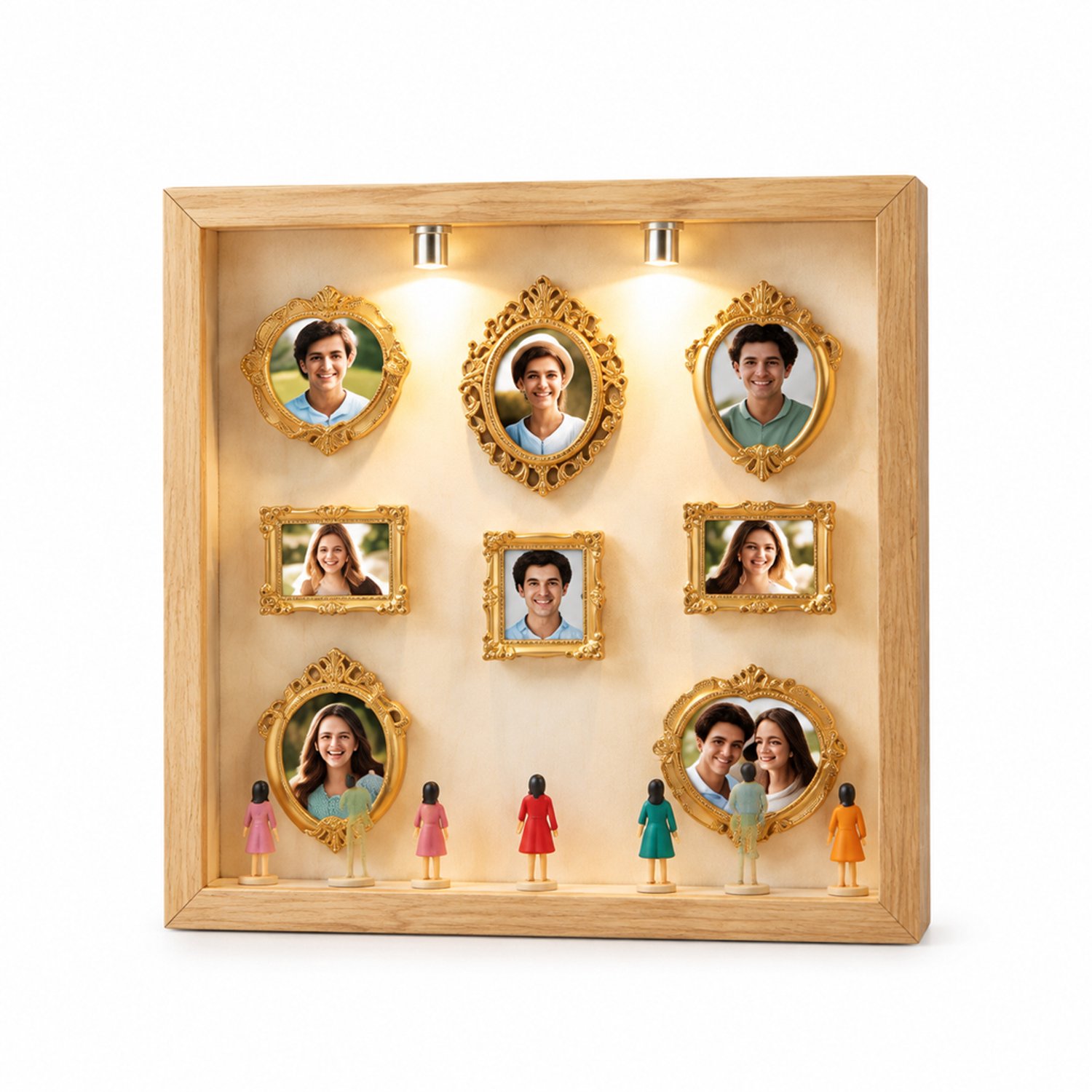 SWGOTA Witte vierkante displaylijst met 8 miniatuurlijstjes en 8 willekeurige figuurtjes - Binnenmaat 17,8 x 17,8 x 3 cm - Tafeldecoratie