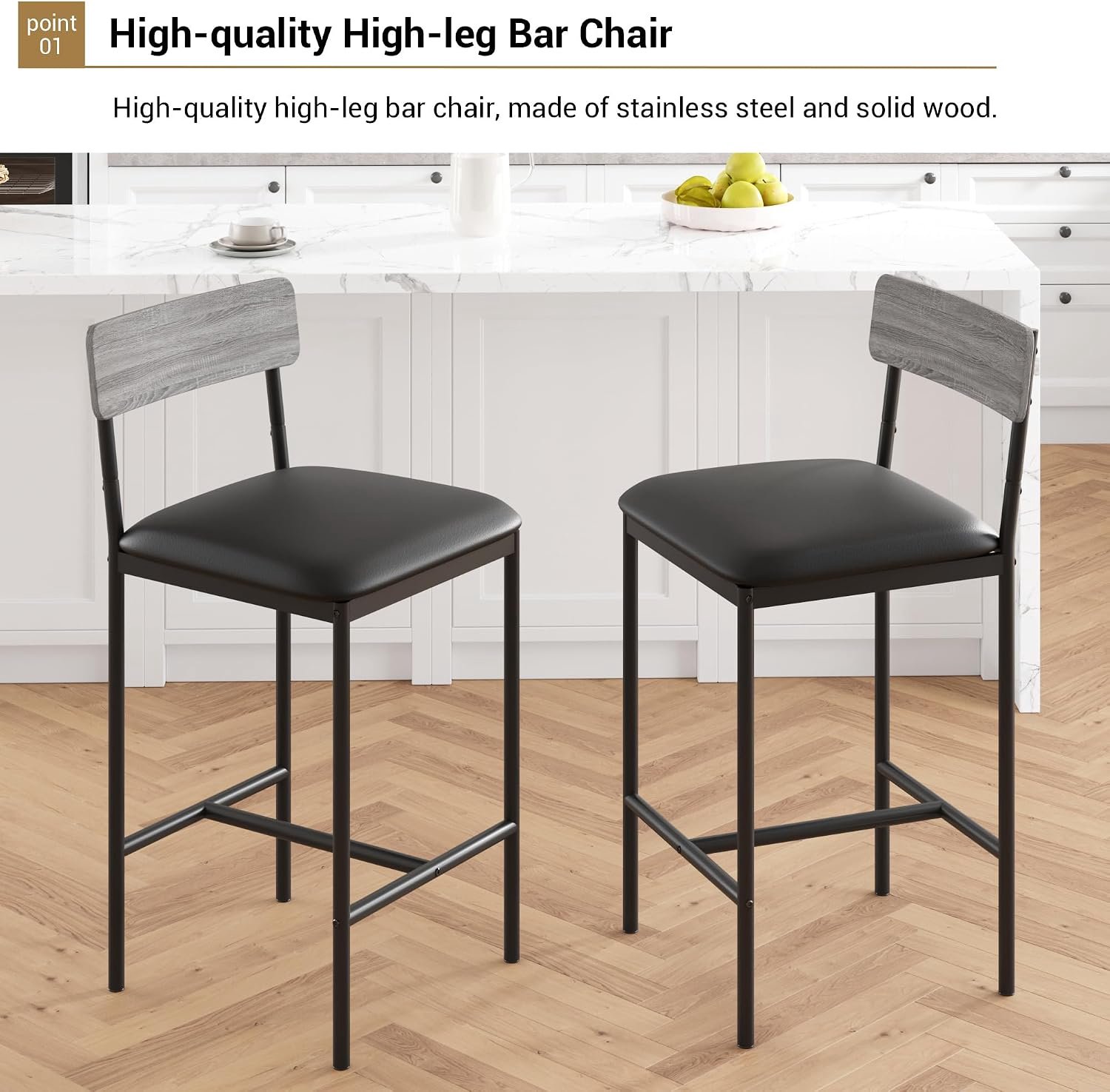 HOERFURIY Grijze counter barkrukken set van 2 stuks, PU beklede barstoelen met rugleuning en voetsteun, ontbijtkruk voor keuken grijs