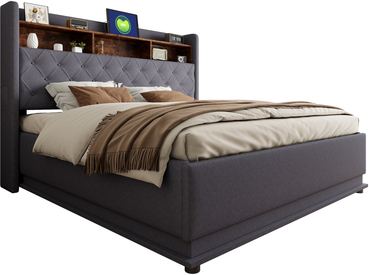 MUVANO Gestoffeerd opbergbed 180x200 - bed met ledverlichting en usb-aansluiting - hydraulisch liftsysteem, linnen bekleding, grijs voor slaapkamer