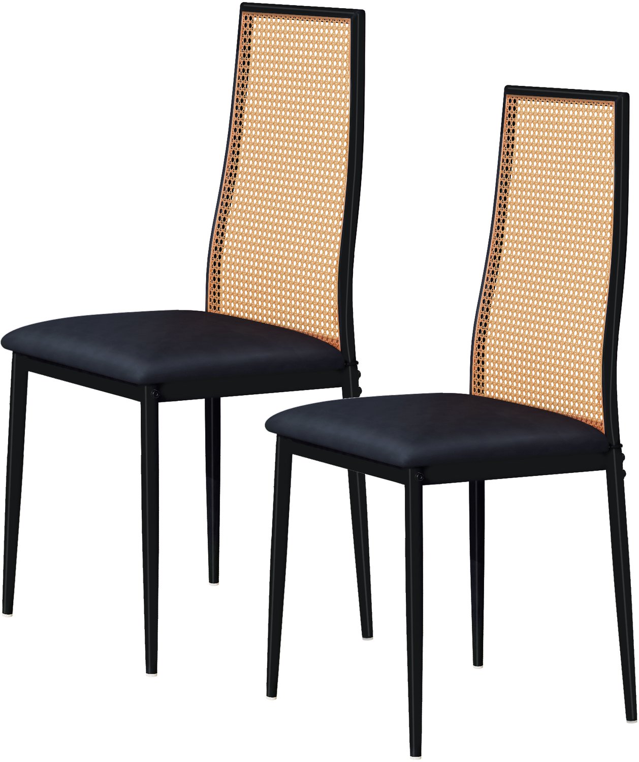 Yelenaro Eetkamerstoel Set van 2 - Rieten rugleuning en zachte zitkussens - Metalen frame - keukenstoel voor eetkamer keuken en woonkamer - Zwart