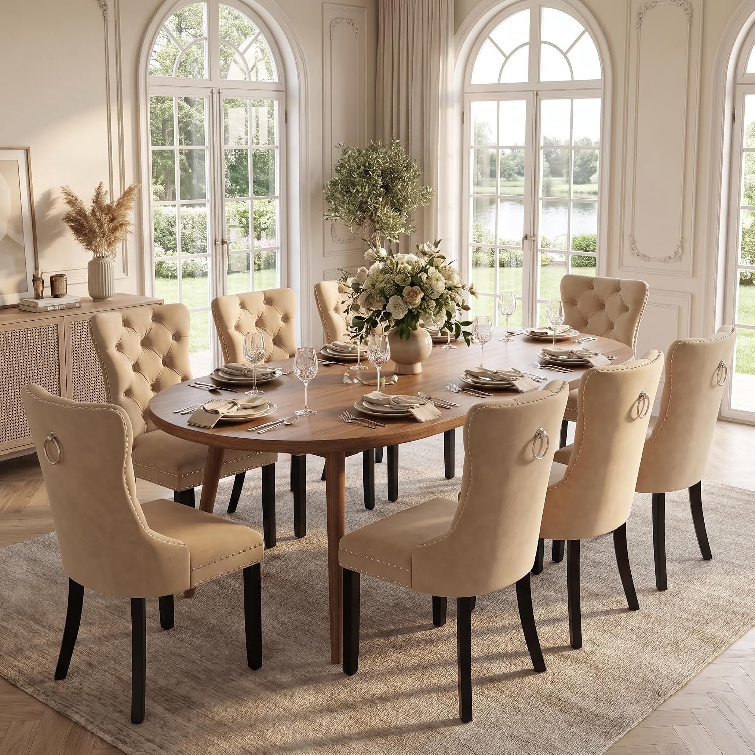 Puluomis Eetkamerstoelen - Set Van 8 - Fluweelstof - Massief houten poten - Khaki