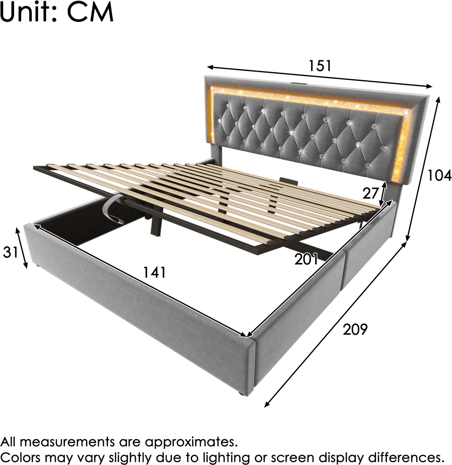 Vovtenza Gestoffeerd bed 140x200 cm - fluweel tweepersoonsbed met LED-diamantstrip in hoofdeinde - USB & Type-C oplaadstation - hydraulische opbergruimte - tienerbed met lattenbodem - modern functiebed - Grijs (Zonder matras)