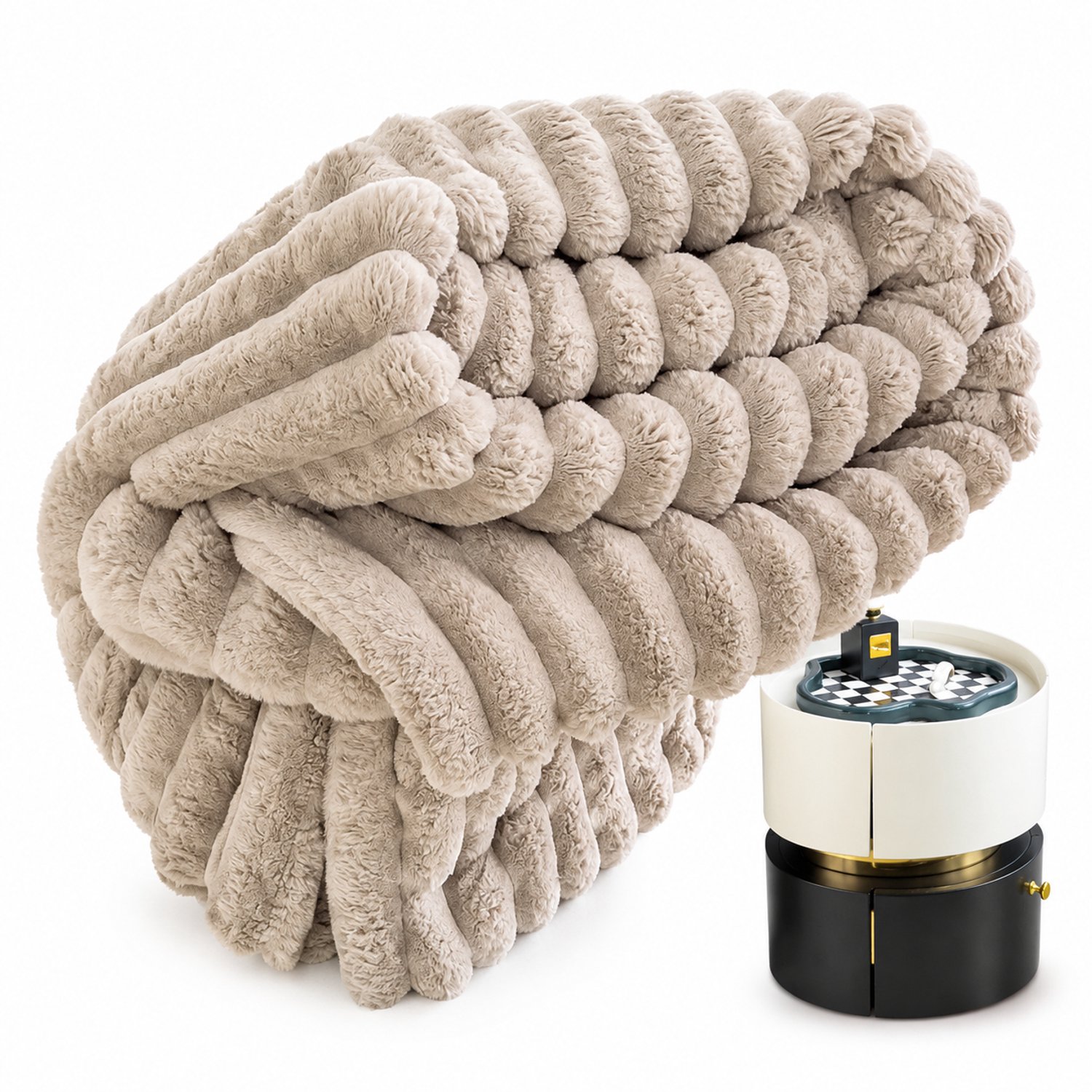 SWGOTA Khakikleurige gestreepte plaid 100 x 150 cm van polyester, machinewasbare deken voor bank en kantoor