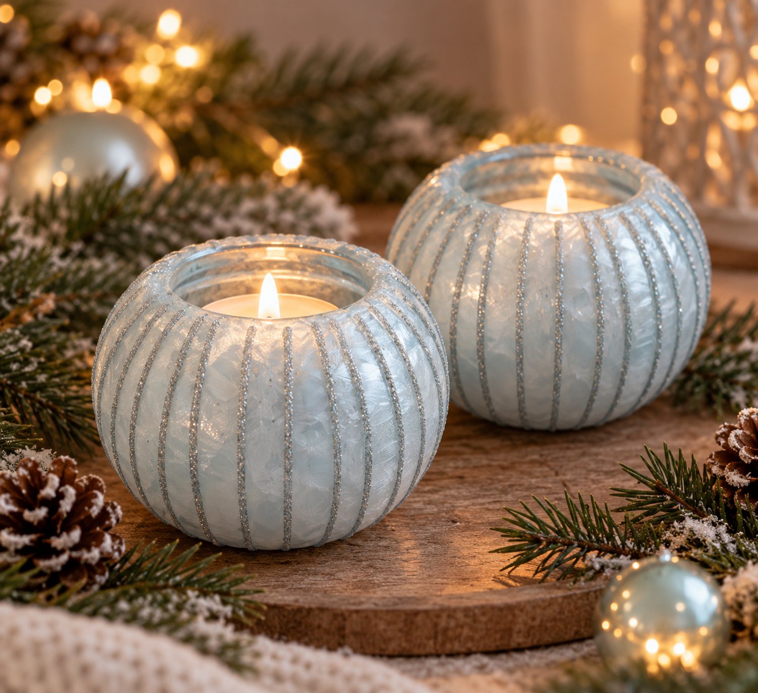 ZoeZo Design 2 stuks - waxinelichtjeshouder - kerst - kerstbalstyle - glas - ijsblauw - blauw - 7 x Ø 9 cm -glitter