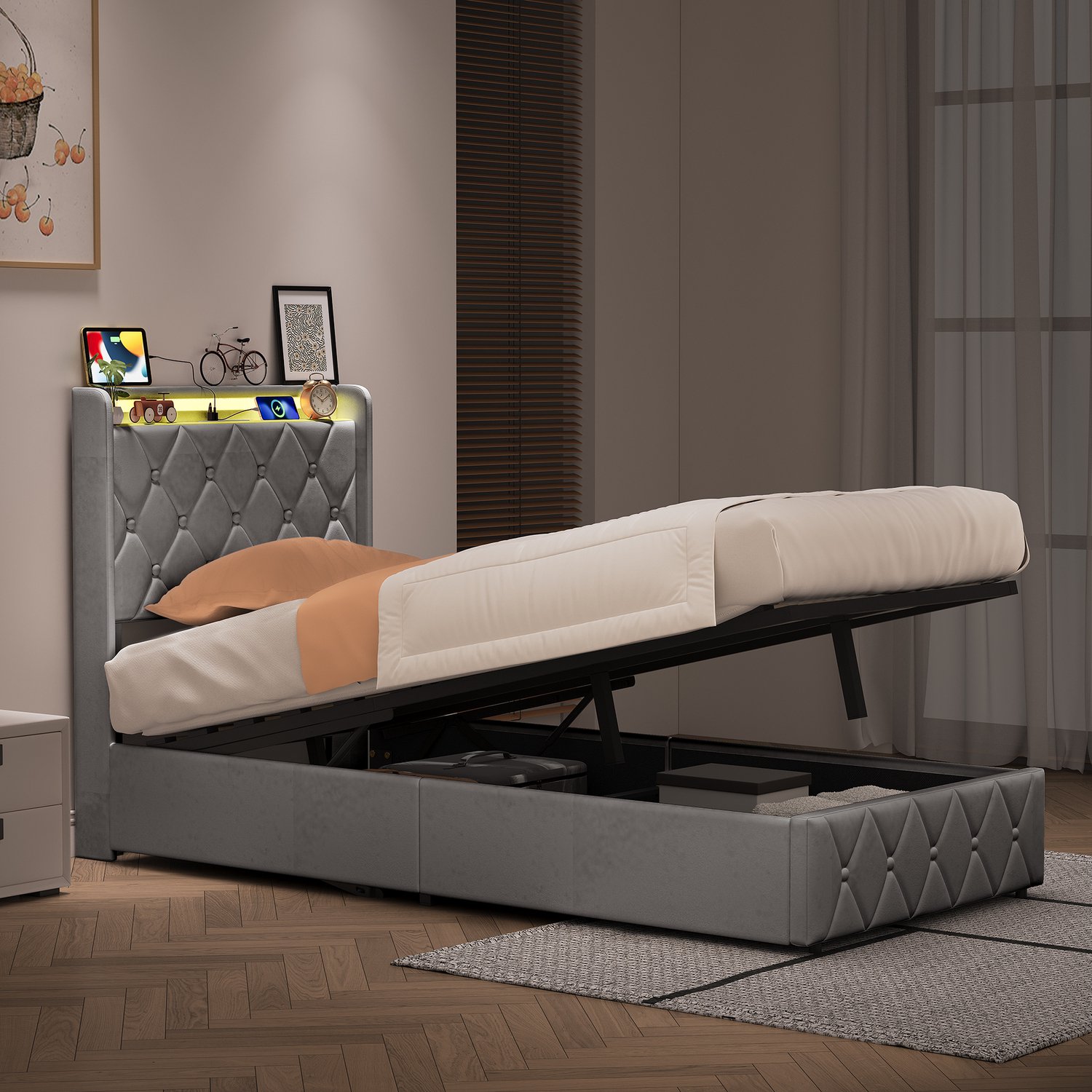 Yelenaro Gestoffeerd Bed 90x200 cm, Hydraulisch opbergbed, Eenpersoonsbed met LED en USB, Bedframe met Lattenbodem, LED-hoofdbord, Grijs fluweel, Zonder matras