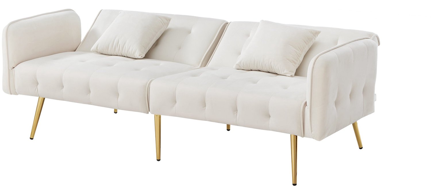 Merax 2-Zits Slaapbank Met Verstelbare Rugleuning En Armleuningen – Multifunctionele Slaapbank In Fluweel – 178 X 82 Cm – Oudwit