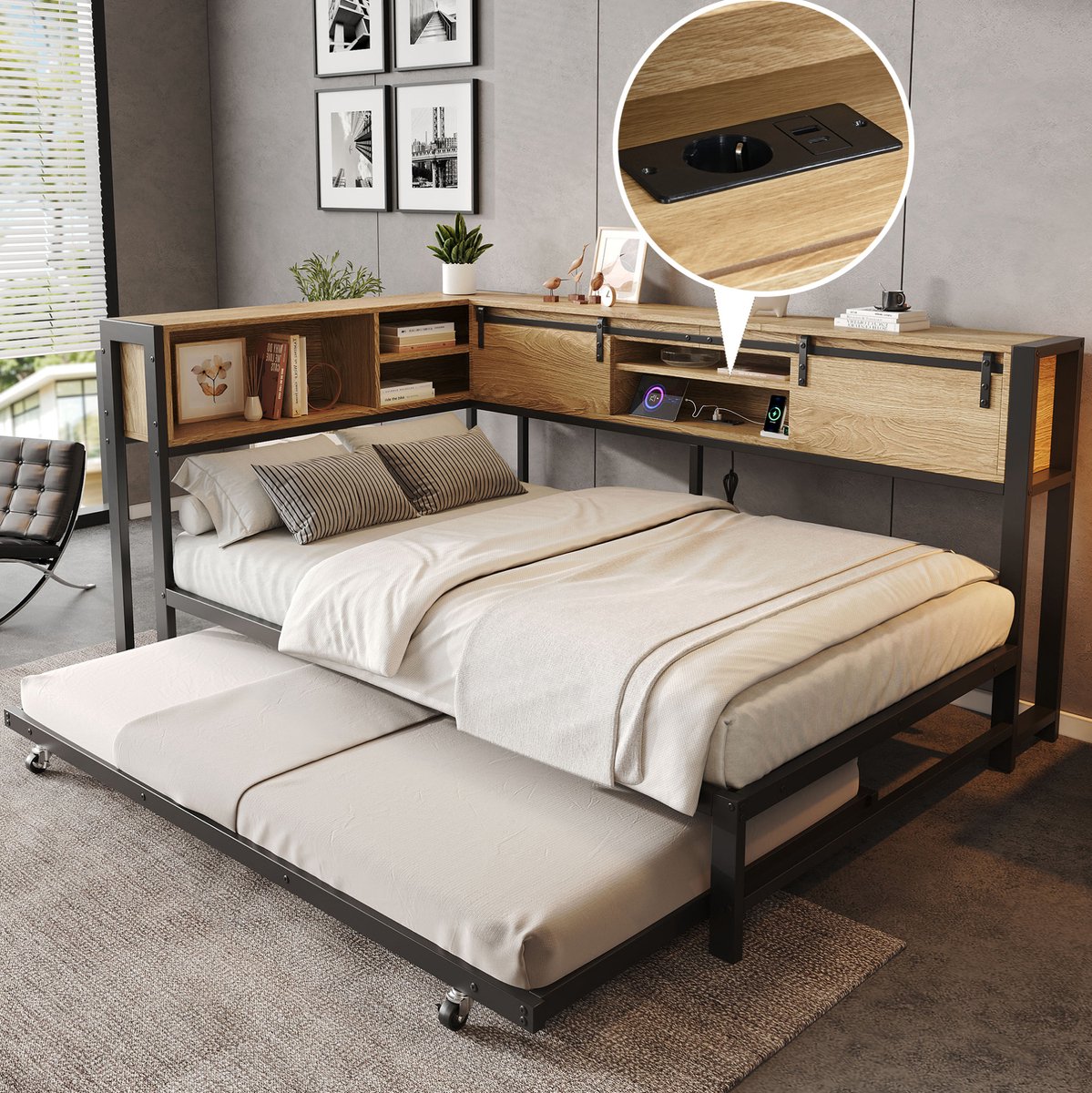 Wishdor Bed 120x200 cm - Met uittrekbed en opbergruimte - Schuifdeuren en laadfunctie - Modern zwart natuur - Slaapkamer gasten kamer - Metaal hout - 219 x 142 x 93,5 cm