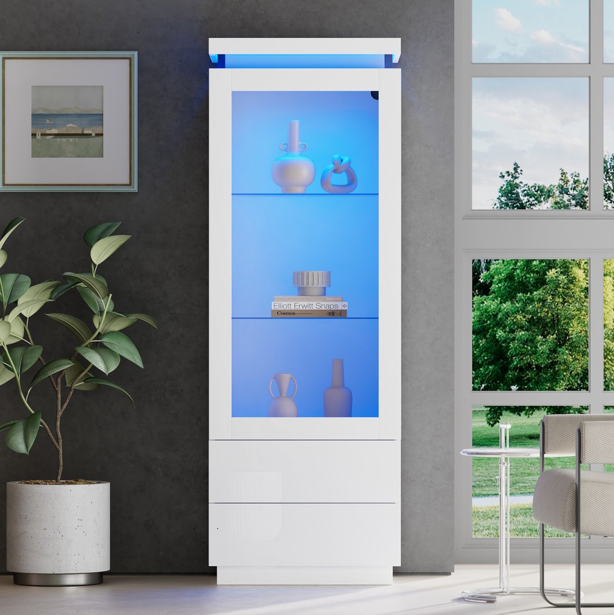 MODFU Vitrinekast - Hoogglans - Met Led - Wit - 60 X 40 X 171 Cm