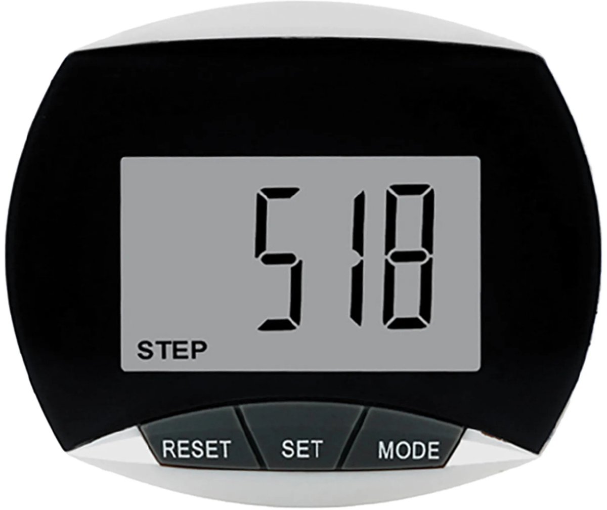 Multifunctionele stappenteller met riemclip en lcd-display, voor wandelen en fitnessactiviteiten.