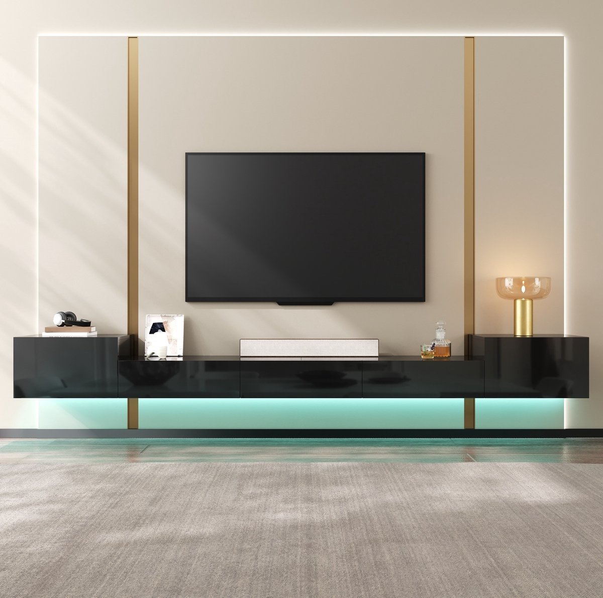 MODENUIT TV Meubel - Wandhangend Tv-Board Met Hoogglans En Ledverlichting - Woonkamer - Zwart - 245x30x26 Cm
