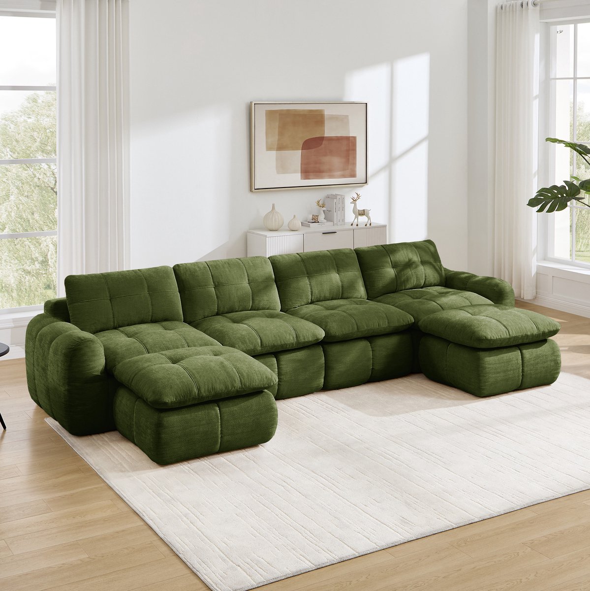 Wishdor U-bank 4-zits groen - Chenille met karosteek - Modulair met 2 ottomanen - Brede diepe zit - Voor woonkamer appartement - 334 x 160 x 68 cm