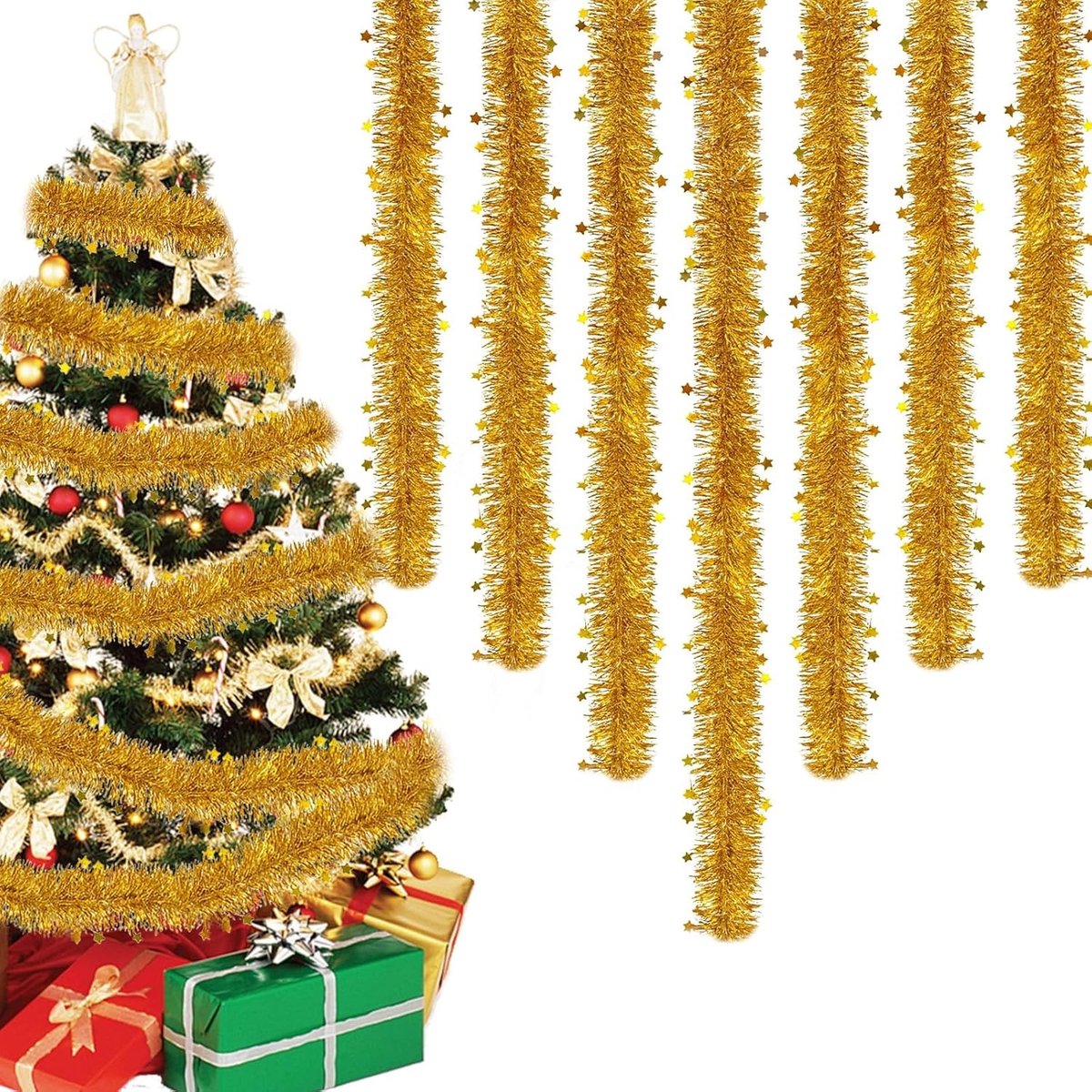 Kerst klatergoud slinger set van 8 stuks, 16 meter met sterren, perfect voor kerstboom en decoratie binnen en buiten
