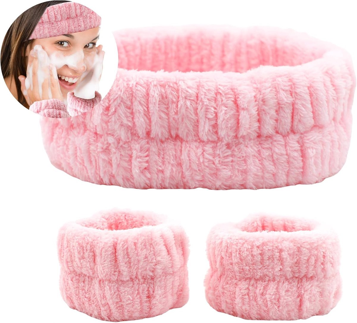 Set van 3 Absorberende Hoofdbanden en Polsbanden voor Make-up en Gezichtsreiniging - Elastische Huidverzorging in Roze