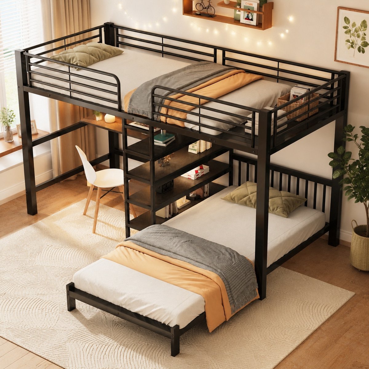 Wishdor Hoogslaper 90 x 200 cm - Met bureau en opbergruimte - Metalen frame en MDF - Modern zwart - Kinderkamer en studeerkamer