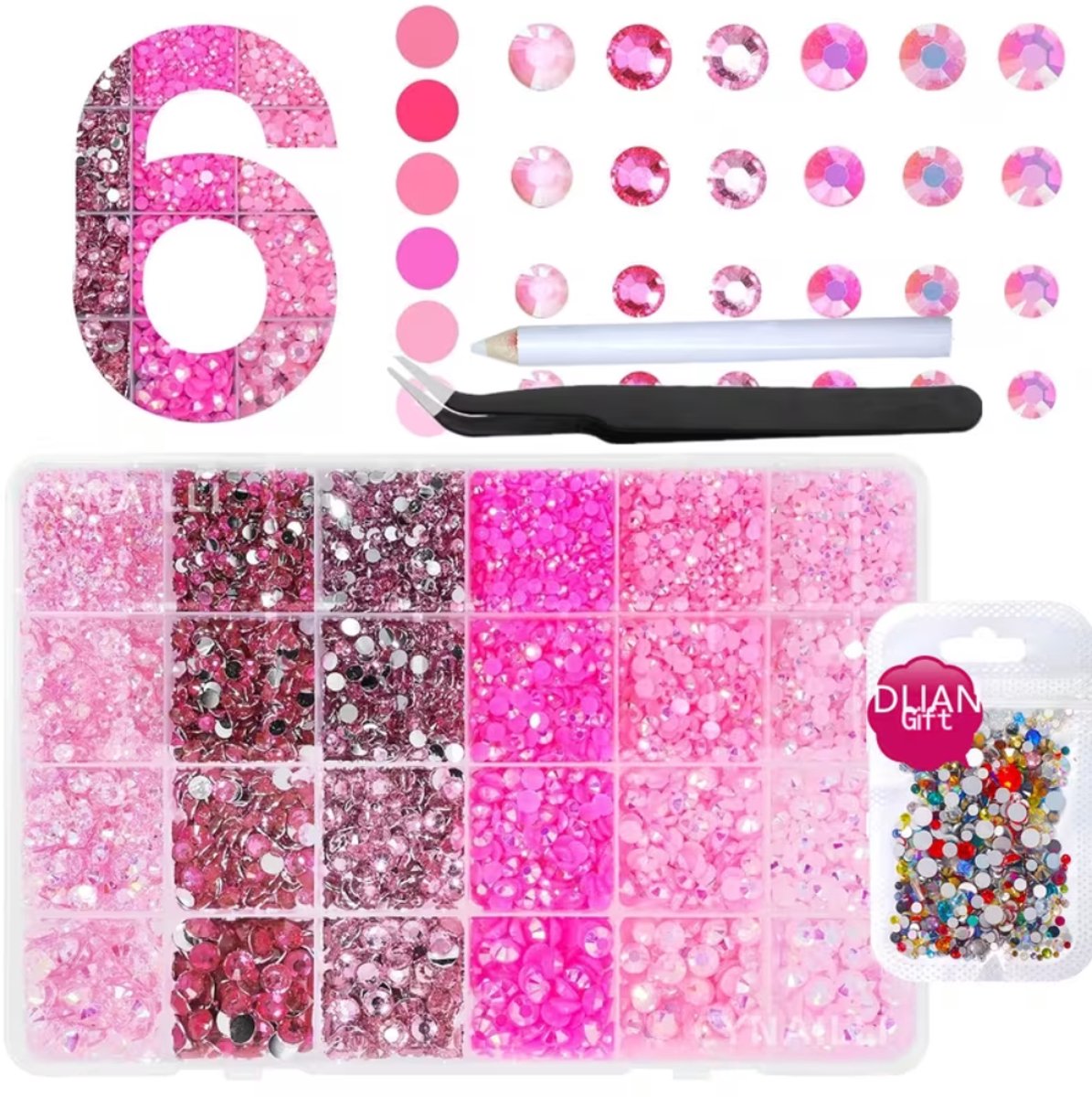 Currero Bedazzle Kit - Bedazzling - Plakstenen - Strass Steentjes - DIY Versieren - Set Met 16.000 Steentjes - Nagel Decoratie - Met Pincet En Applicator - 3/5mm - Roze