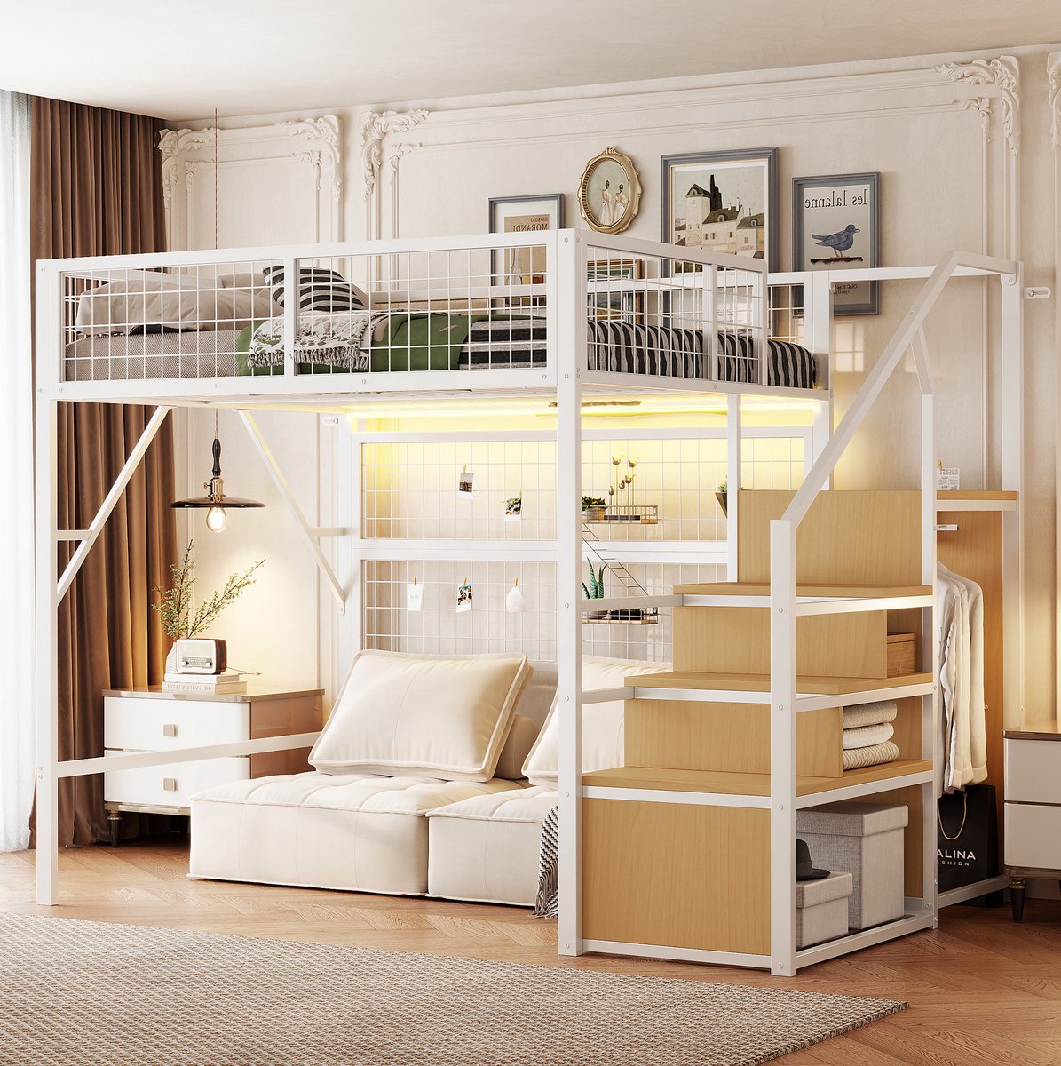 COVREO Hoogslaper met trap en opbergruimte – 140x200 cm – Metaal en MDF bed voor kinderen – met LED-lamp en open kast – Wit - zonder matras