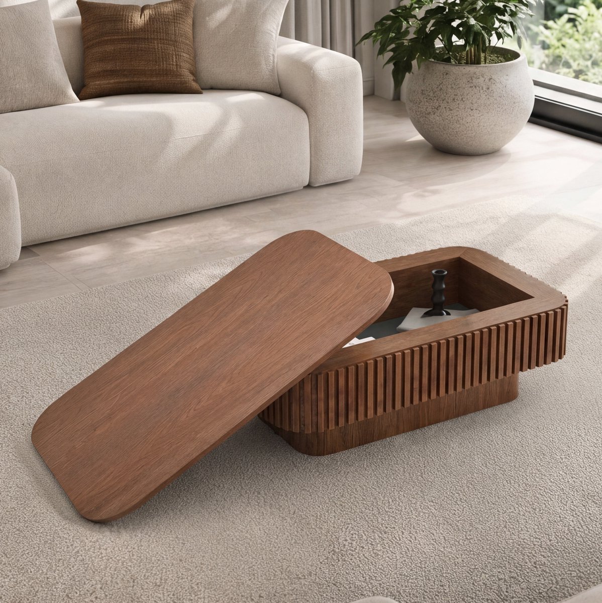 MODENUIT Salontafel - Ribbel Design Met Verborgen Opbergruimte - Woonkamer En Kantoor - MDF - Walnoot - 98x60x35 Cm