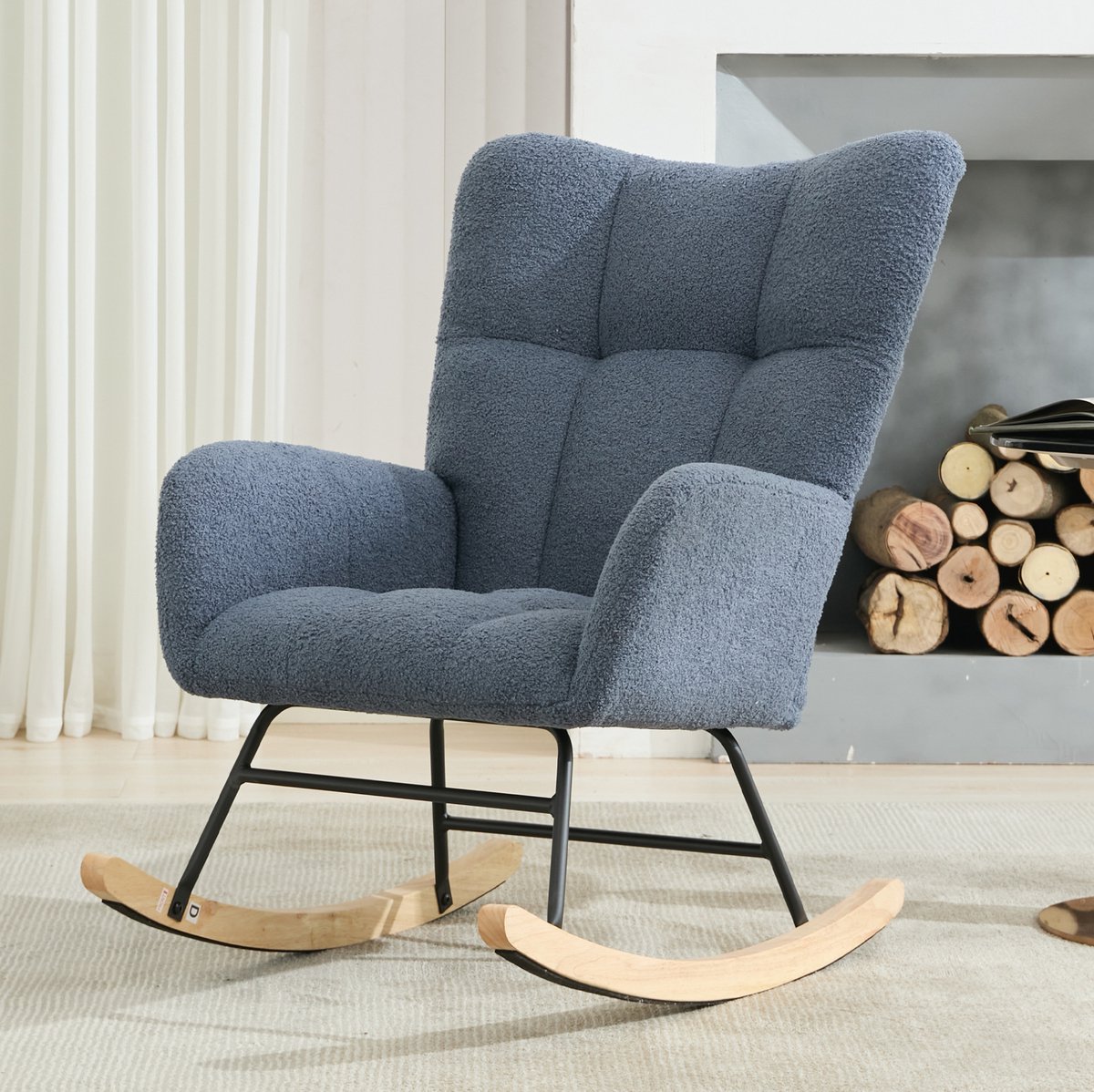 Wishdor Schommelstoel teddy stof met armleuningen en wingback - Ergonomisch, zacht en stabiel - Houten basis metalen frame - Navy - 65 x 77 x 90 cm