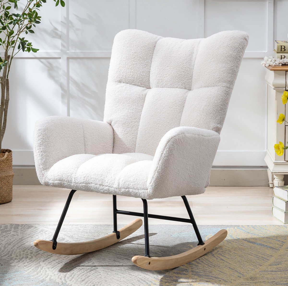 Wishdor Schommelstoel - Fauteuil met armleuningen - Ergonomisch en gewatteerd - Scandinavisch en basic - Woonkamer slaapkamer nursery - Stof en hout - Wit - 65 x 77 x 90 cm