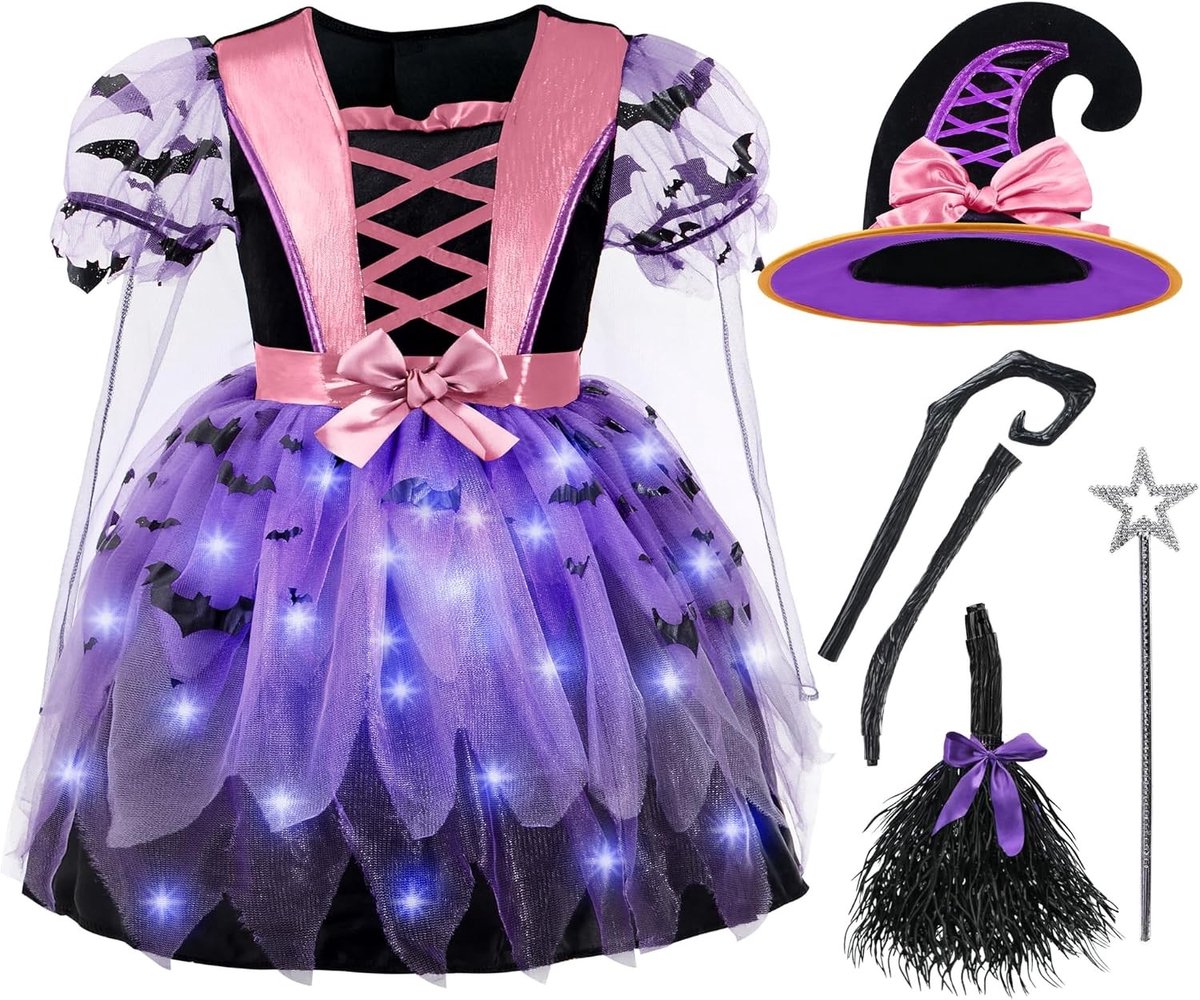 Luminous Halloween Kostuum voor Meisjes, Inclusief Hoed en Bezem, Perfect voor Feestjes en Verkleedpartijen, Paars (Maat 8-10 Jaar)