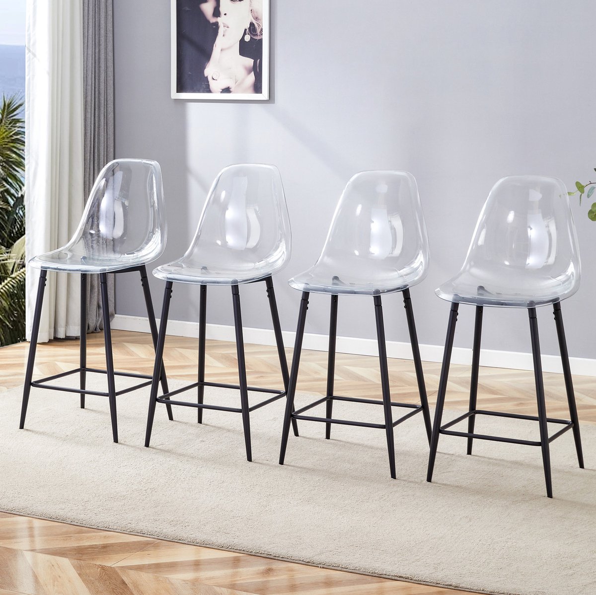 DESMIU Barkruk - Set van 4 - Transparant Met Rugleuning En Voetsteun - Voor Keuken, Bar En Eetkamer - Kunststof En Metaal - Zwart