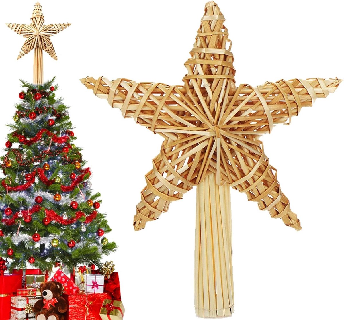 Handgemaakte kerstboomtopper van stro, 20 x 12 cm, kerstster versiering voor elke kerstboom, unieke decoratie voor de feestdagen