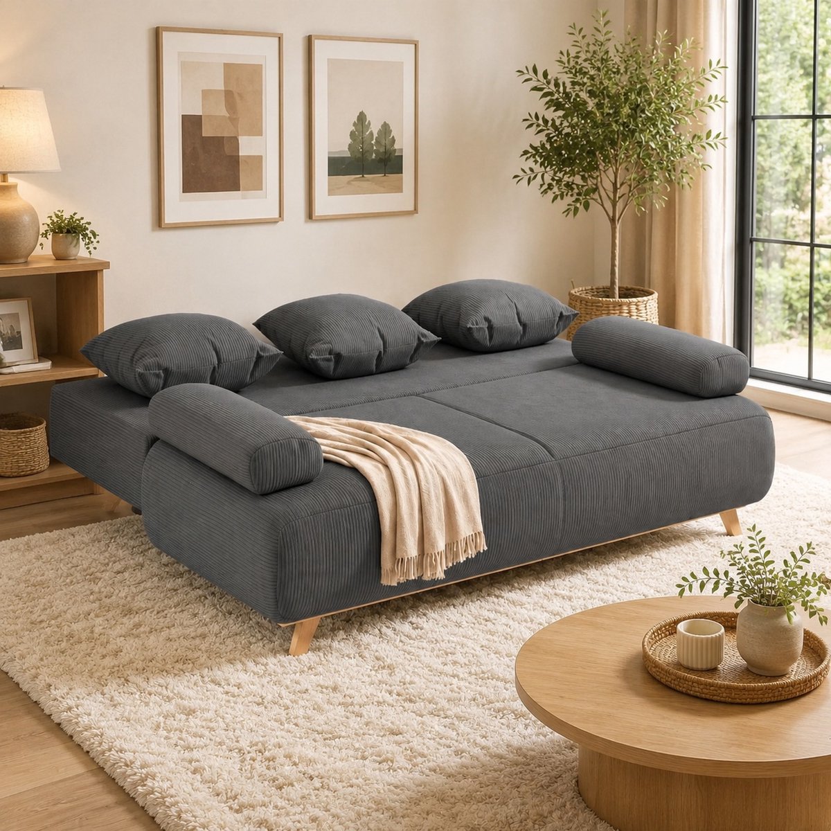 REDOM - Slaapbank - Verstelbare rugleuning - Slaapfunctie - Opbergruimte - Cordstijl - Woonkamer - Hout - Grijs - 188 x 140 x 84 cm