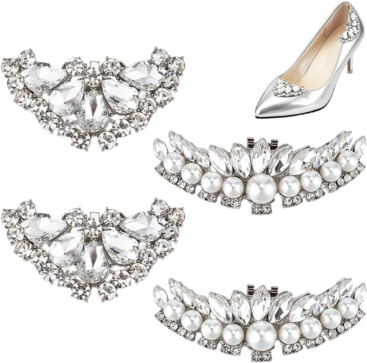 Schoenclips voor Dames met Strass - 4 Stuks in 2 Stijlen, Decoratieve Schoenaccessoires voor Bruiloften en Feestjes, Verstelbare Crystal Clips voor Hakken
