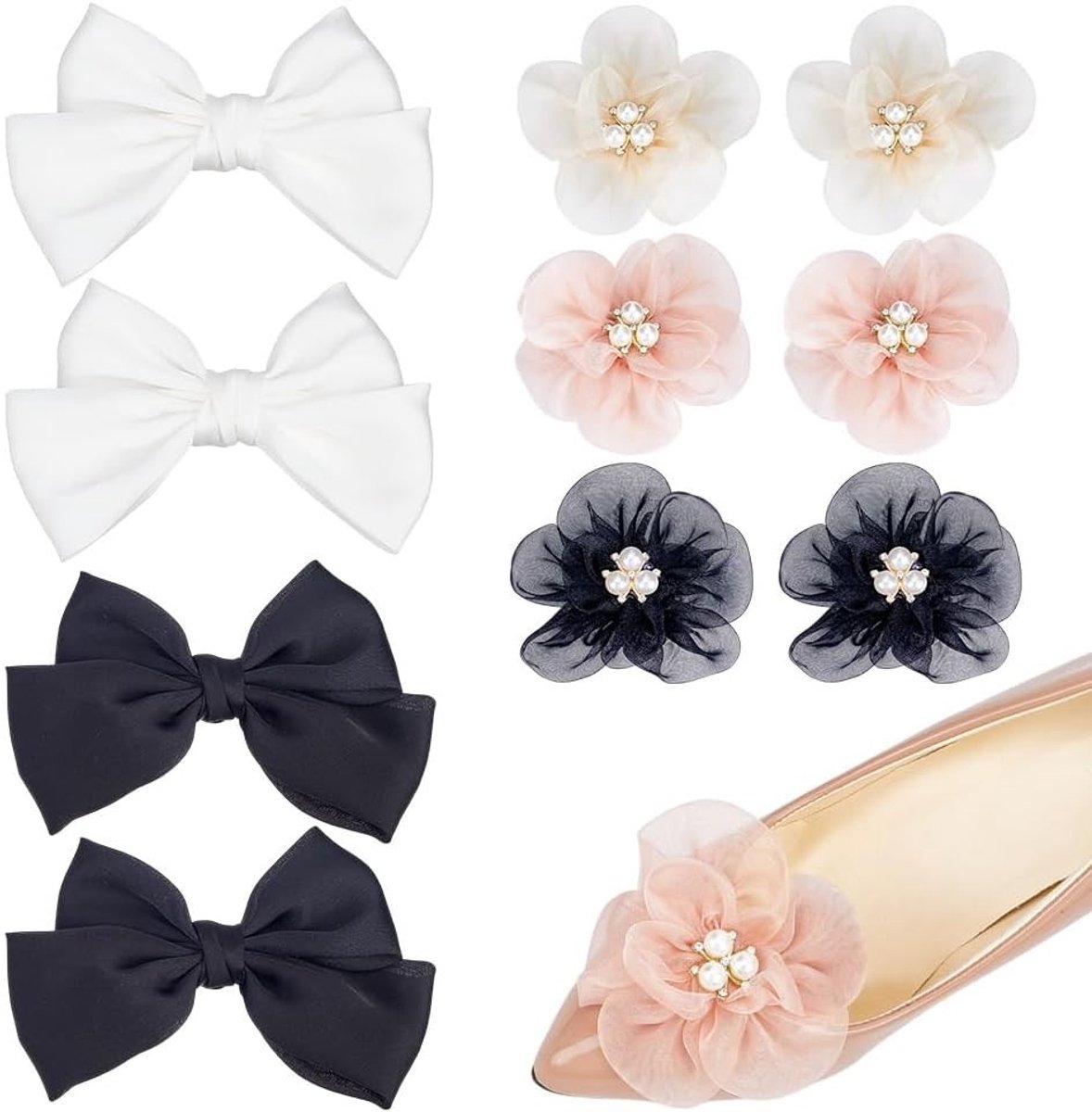 Set van 10 Stuks Satijnen Strik Schoenclips in Zwart - Afneembare Schoenaccessoires met Bloem en Strass voor Dames, Perfect voor Bruiloften en Hoge Hakken