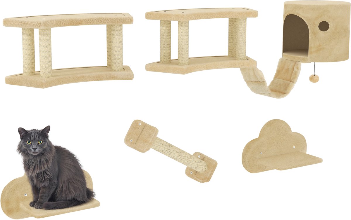 PawHut Katzen Kletterwand Set, 5-teilig Katzenmöbel mit Kratzstamm, Sprungplattformen, Leiter, Haus, Katzen-Wandgerüst, für Katzen bis 5 kg, Plüsch, Beige