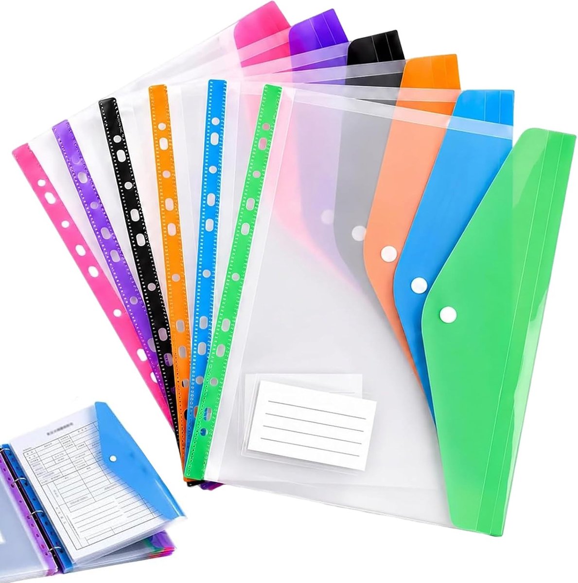 12 Stuks Waterdichte Documentenmappen A4 met Drukknoopsluiting, Ideaal voor Papier, Bonnen en Examendocumenten, Meerkleurig en Geperforeerd