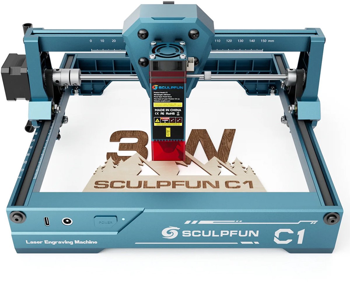 SCULPFUN C1 3W mini-lasergraveerder, 10.000 mm/min, graveergebied 150 x 130 mm, 0,04 mm ultrafijne gecomprimeerde laserpunt, effectieve filtering van 100-500 nm